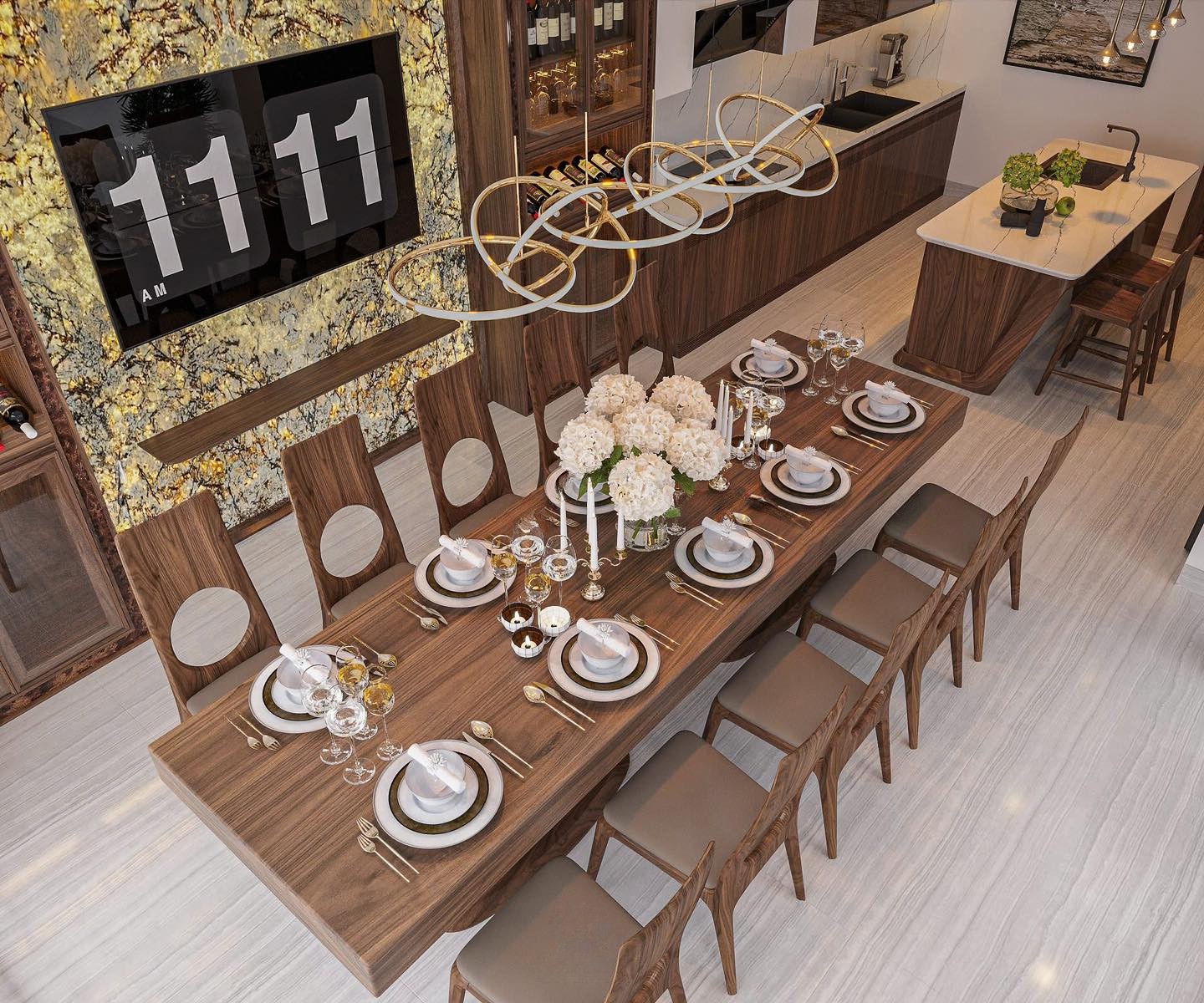 Bàn ăn 10 ghế gỗ óc chó nguyên khối sang trọng với ghế bọc da cao cấp