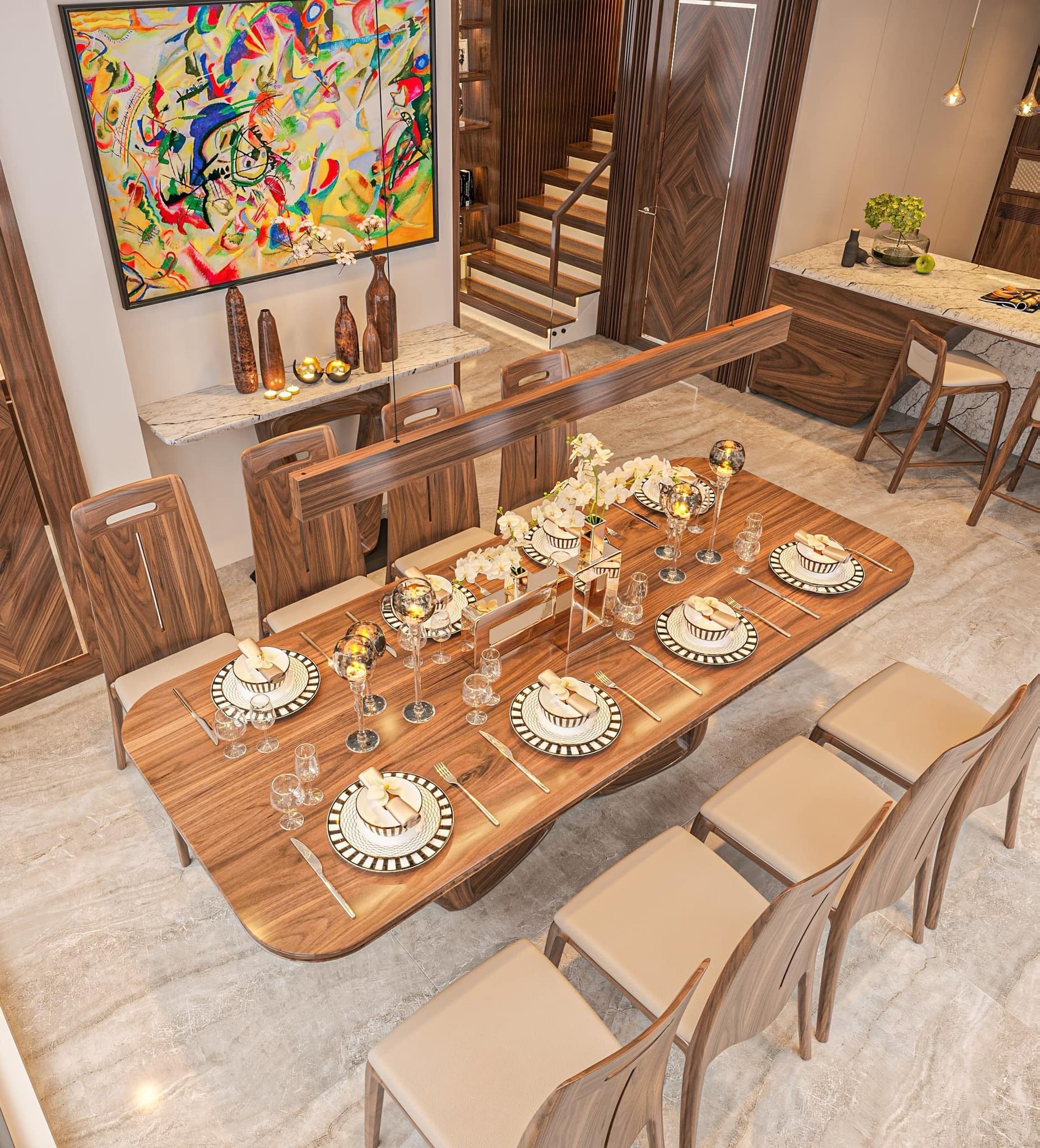 Bàn ăn 8 ghế gỗ tự nhiên hiện đại mặt chữ nhật bo cong và ghế bọc da màu be