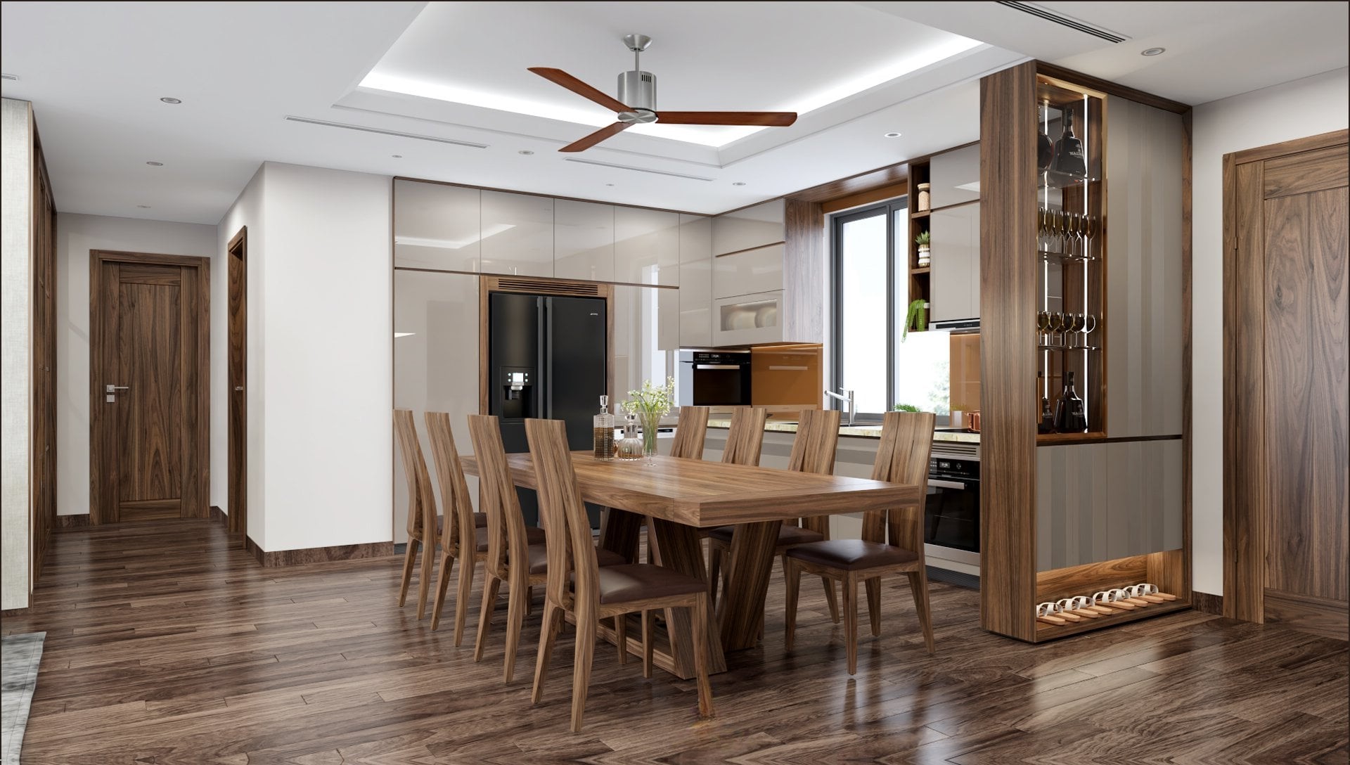 Bộ bàn ăn cao cấp 8 ghế mặt bàn chữ nhật chân chữ U so le bằng gỗ óc chó