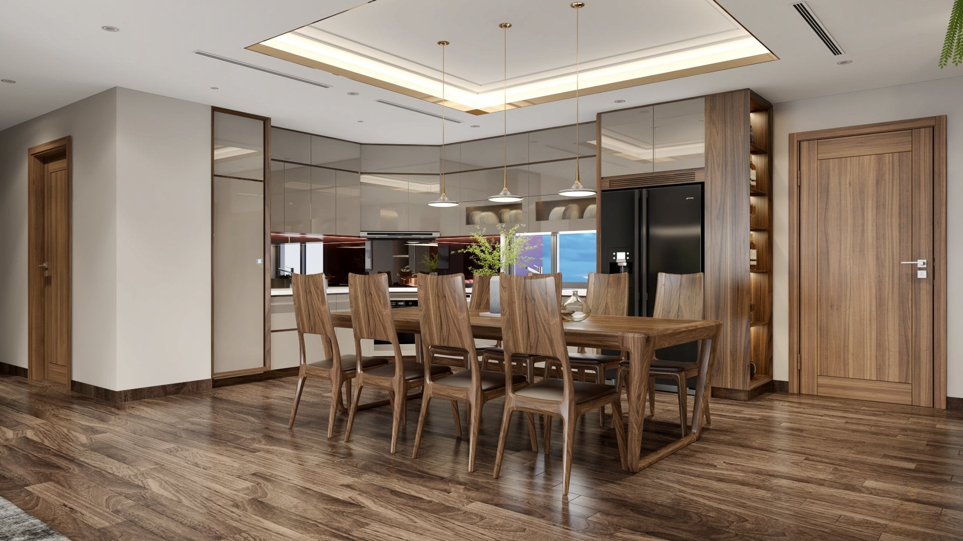 Bàn ăn đẹp hiện đại bằng gỗ óc chó tự nhiên với mặt bàn bo góc và ghế tựa cong tinh tế