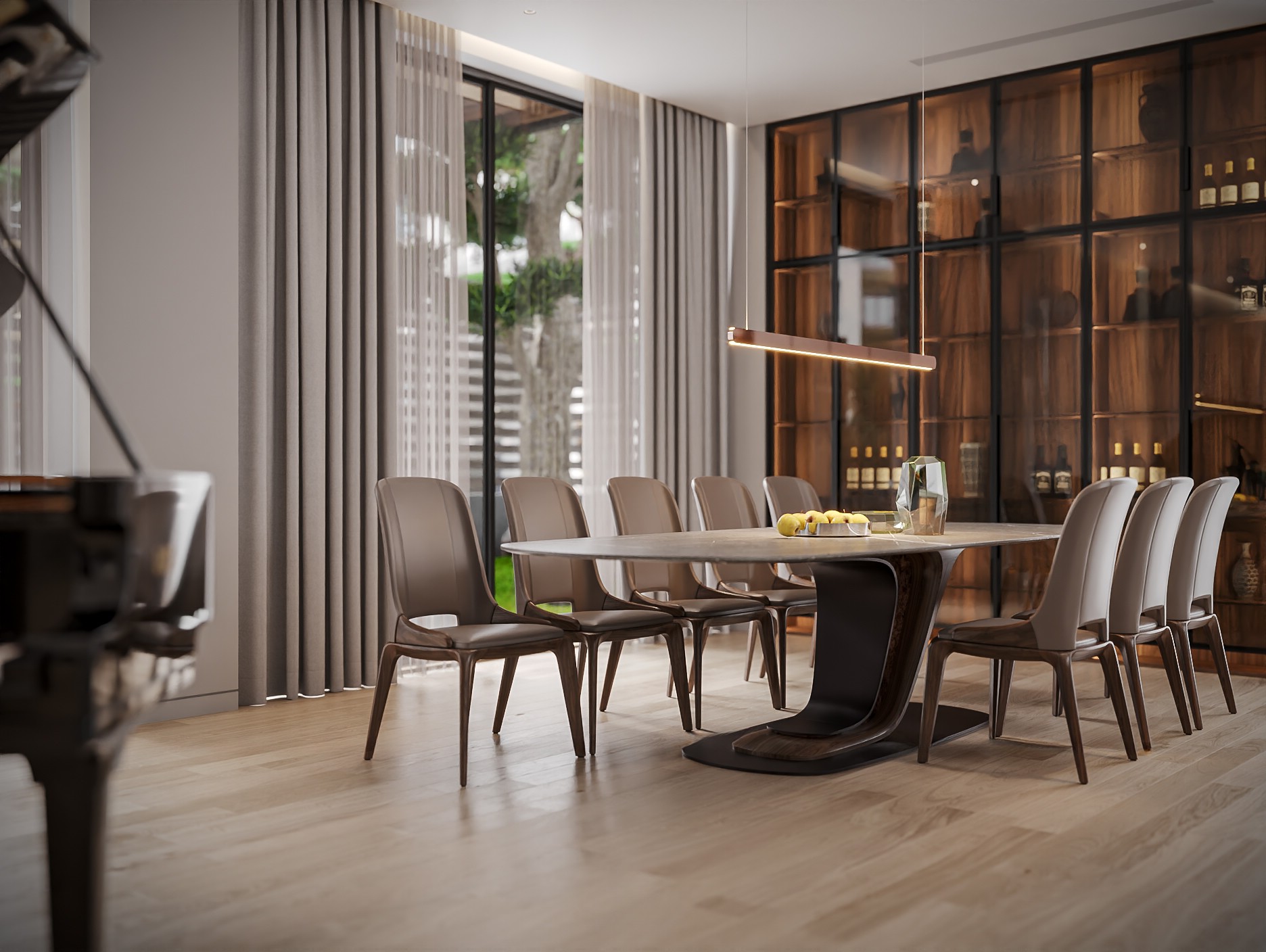 Bàn ăn mặt đá cao cấp marble xám hình oval với chân gỗ chữ Z hiện đại