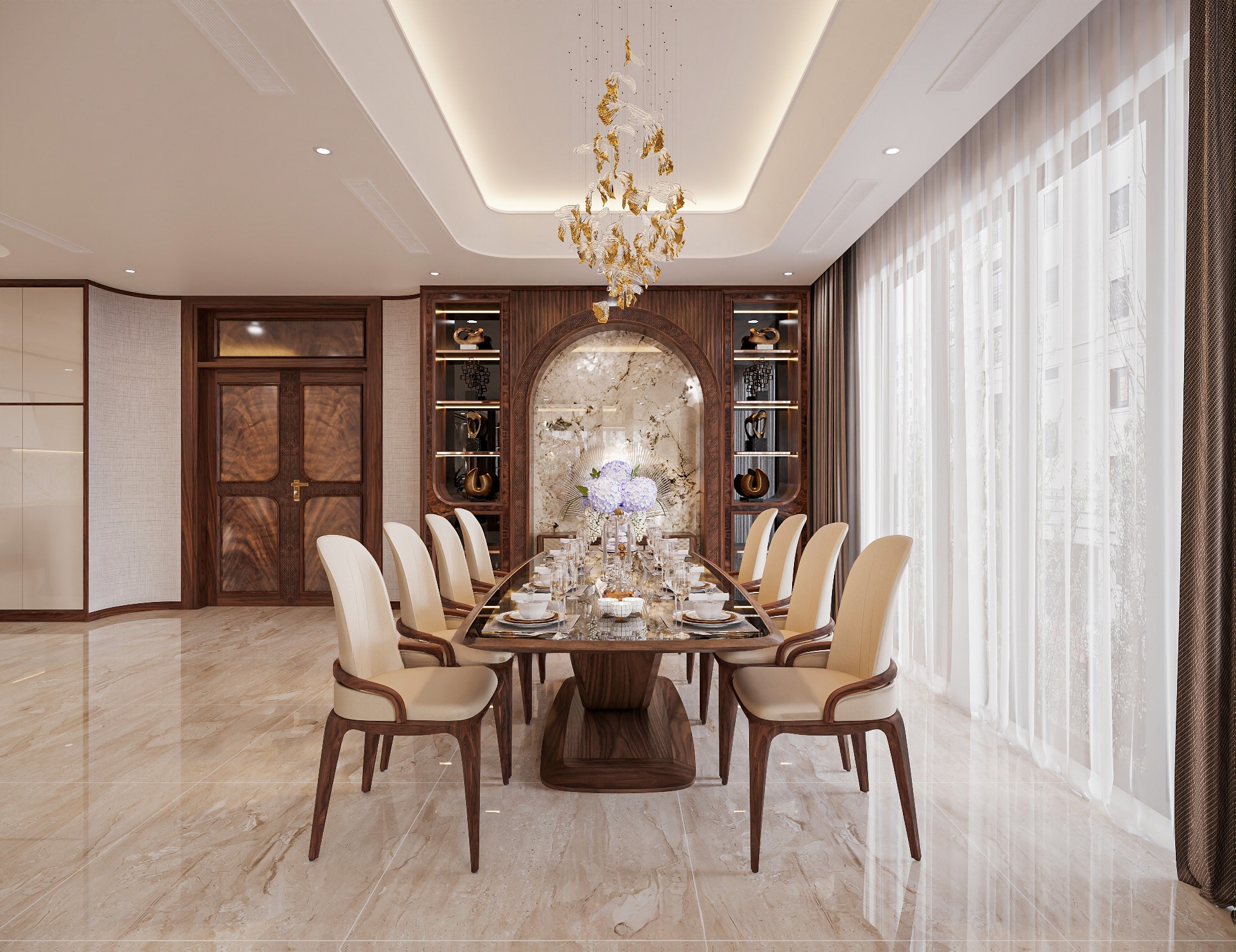 Bàn ăn mặt đá hiện đại hình chữ nhật bo cong với bộ ghế gỗ bọc da trắng