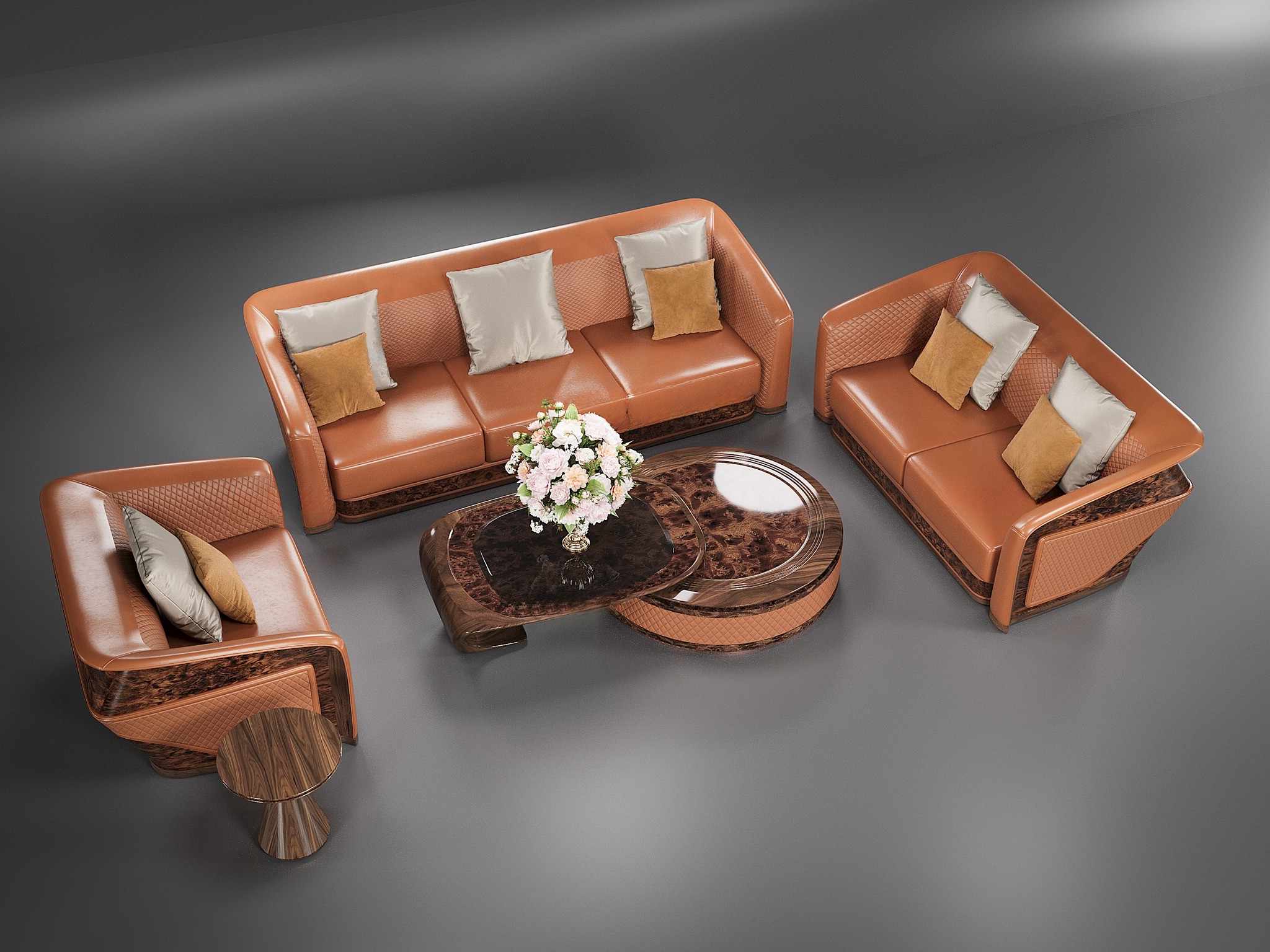 Bộ bàn ghế gỗ phòng khách đẹp với veneer nu và đệm da màu cam đất sang trọng