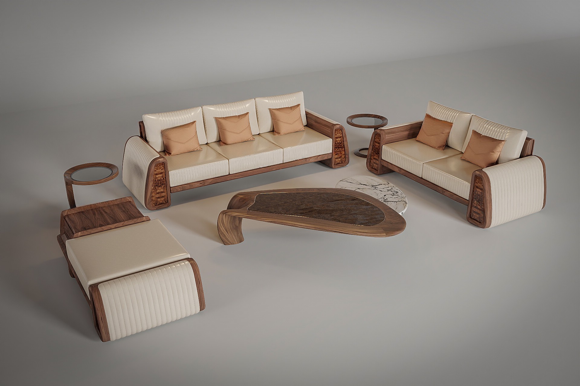 Bộ bàn ghế gỗ phòng khách hiện đại gỗ tự nhiên màu nâu đậm với đệm da trắng kem và bàn trà đá marble