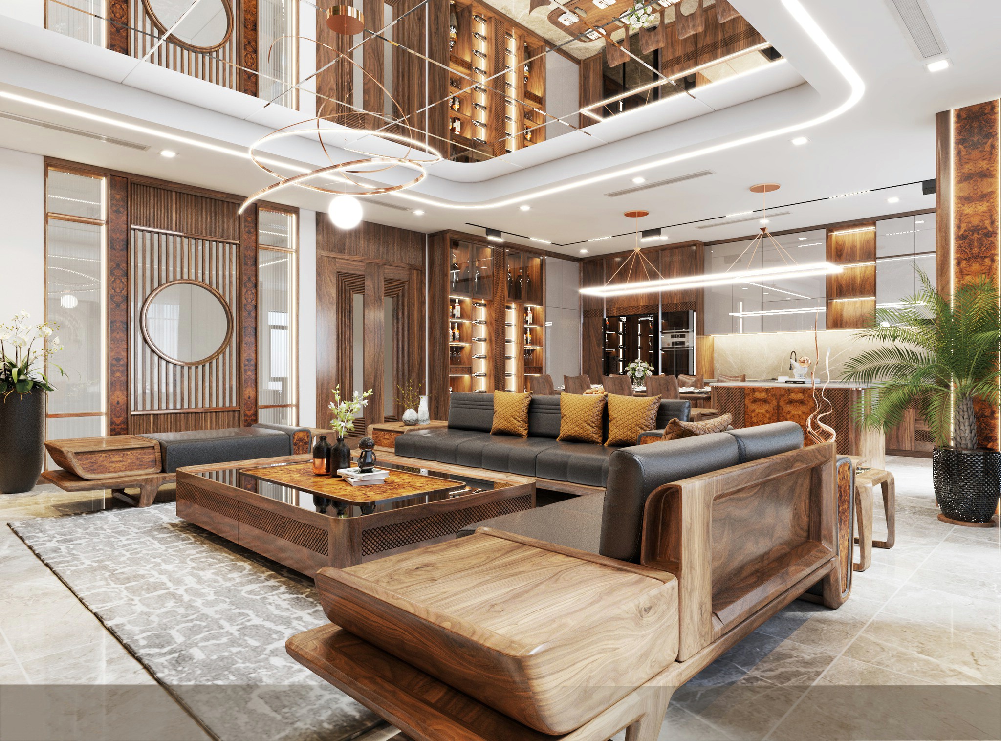 Bộ bàn ghế gỗ sofa phòng khách gỗ óc chó màu nâu đậm với đệm da đen hiện đại