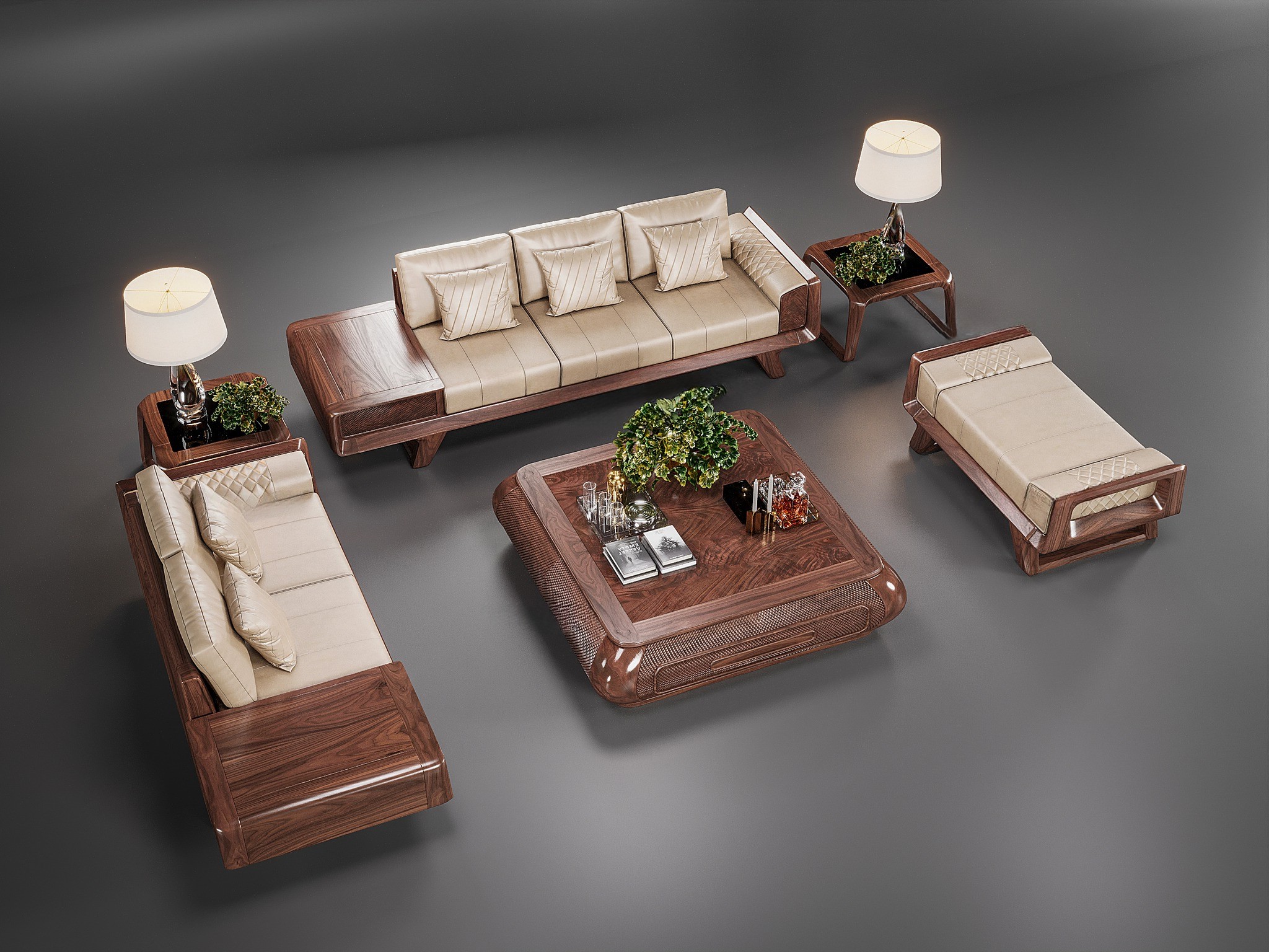 Bộ bàn ghế phòng khách hiện đại với bàn trà vuông bo cong và chi tiết CNC hợp phong thủy