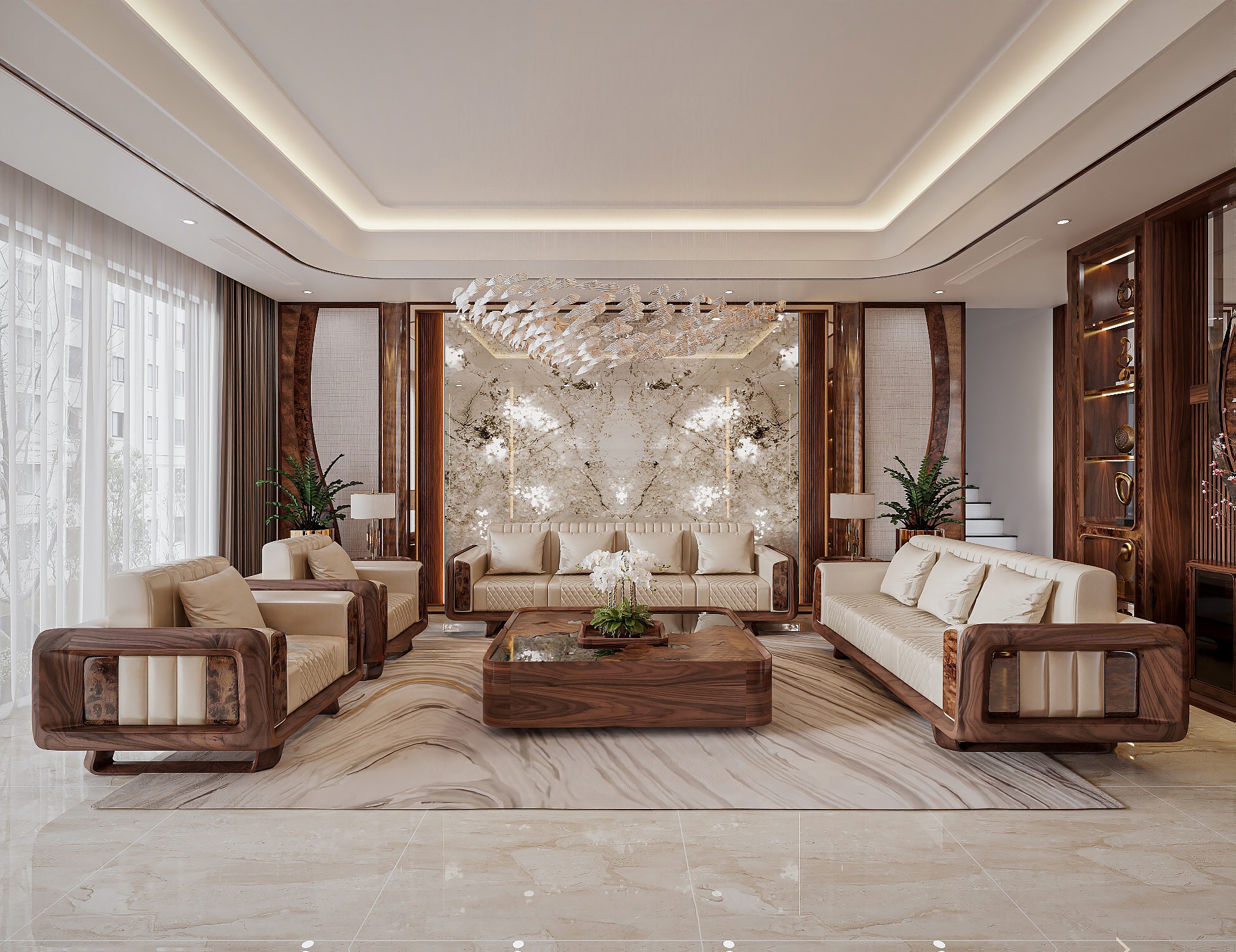 Bàn ghế phòng khách gỗ óc chó với tay vịn khung chữ nhật và đệm da vàng kim họa tiết quả trám