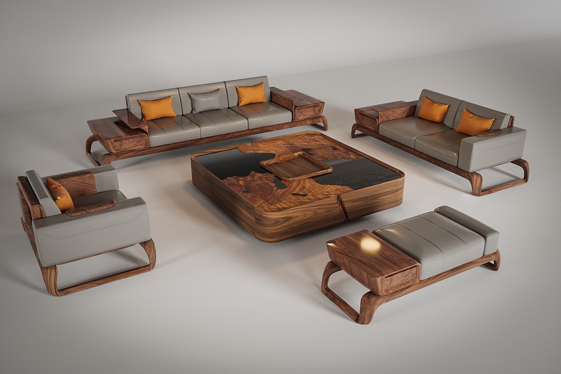 Bộ bàn ghế sofa gỗ óc chó hiện đại với đệm da ghi đá và bàn trà gỗ nguyên khối kết hợp kính