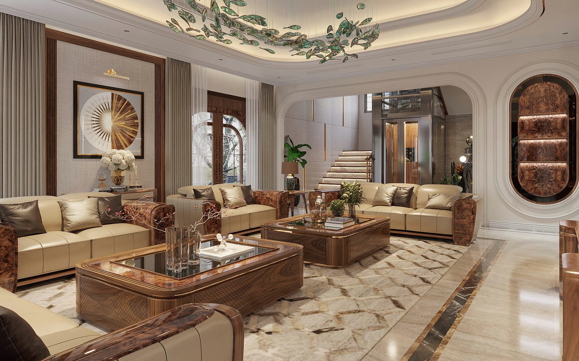 Bàn trà gỗ tự nhiên hình hộp chữ nhật hiện đại mặt kính cường lực đen