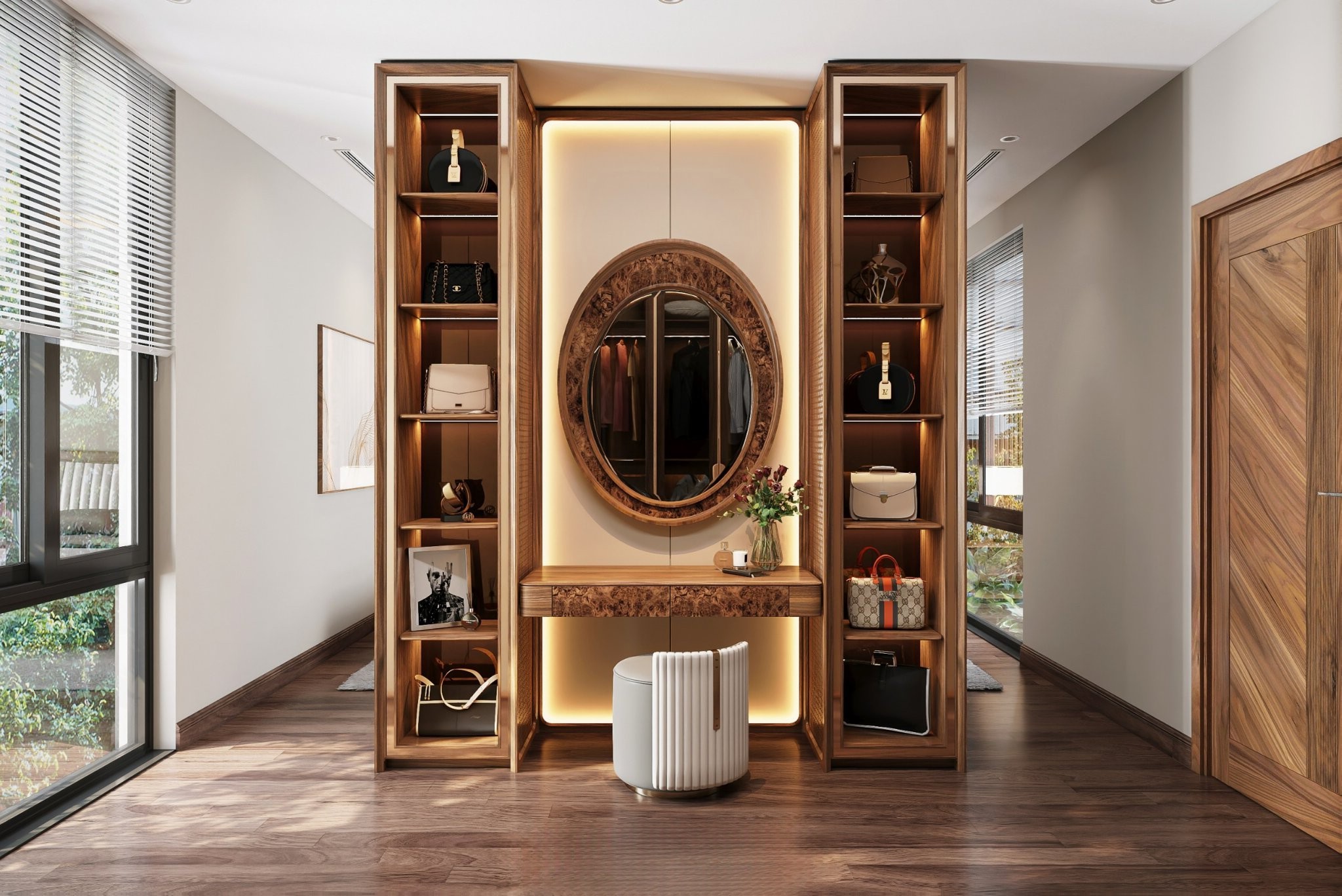 Bàn trang điểm bằng gỗ đẹp nhất hiện đại kết hợp vách ngăn phòng ngủ