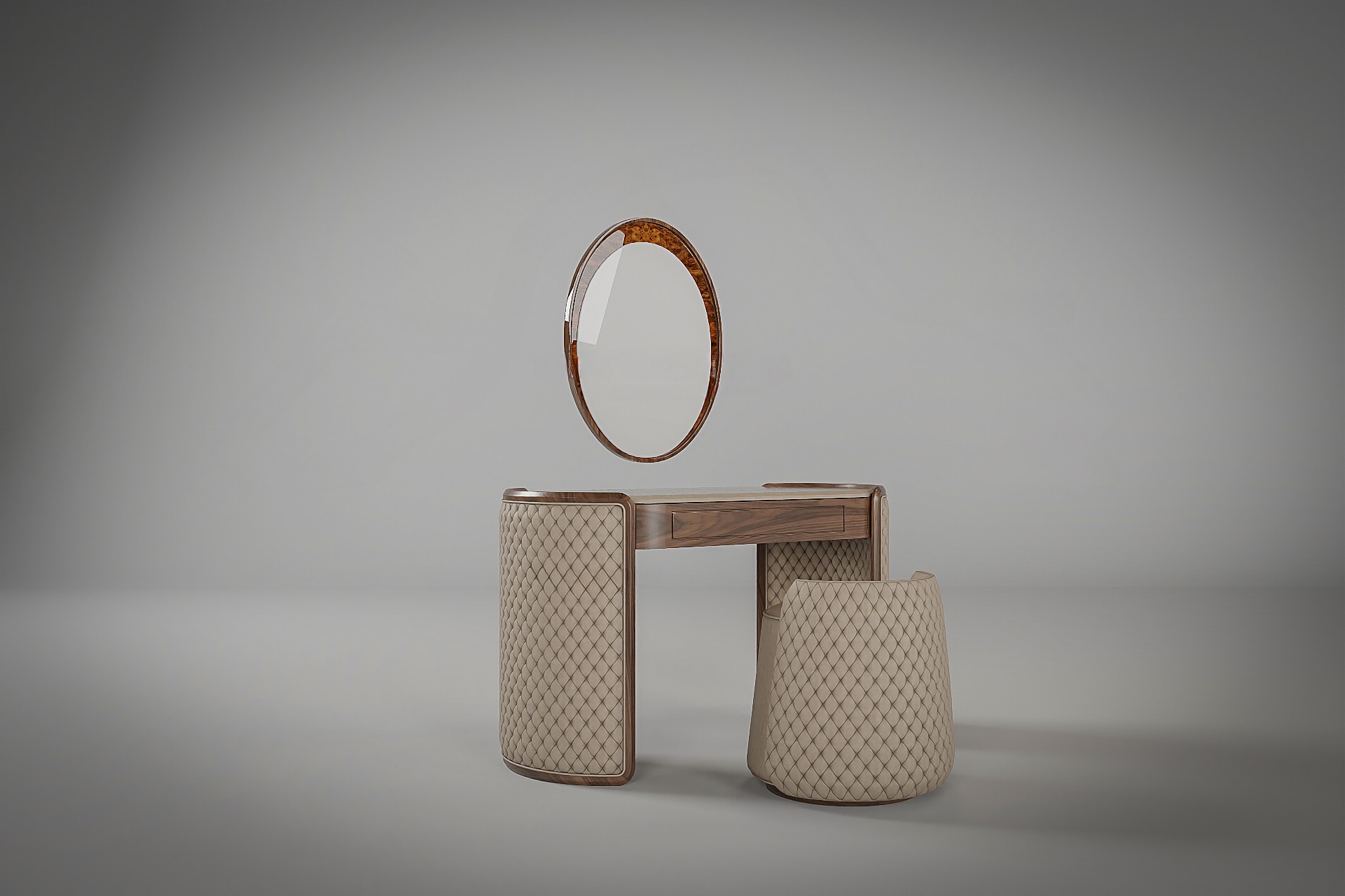 Bàn trang điểm cao cấp gỗ tự nhiên mặt oval với chân bàn ốp da chần bông sang trọng