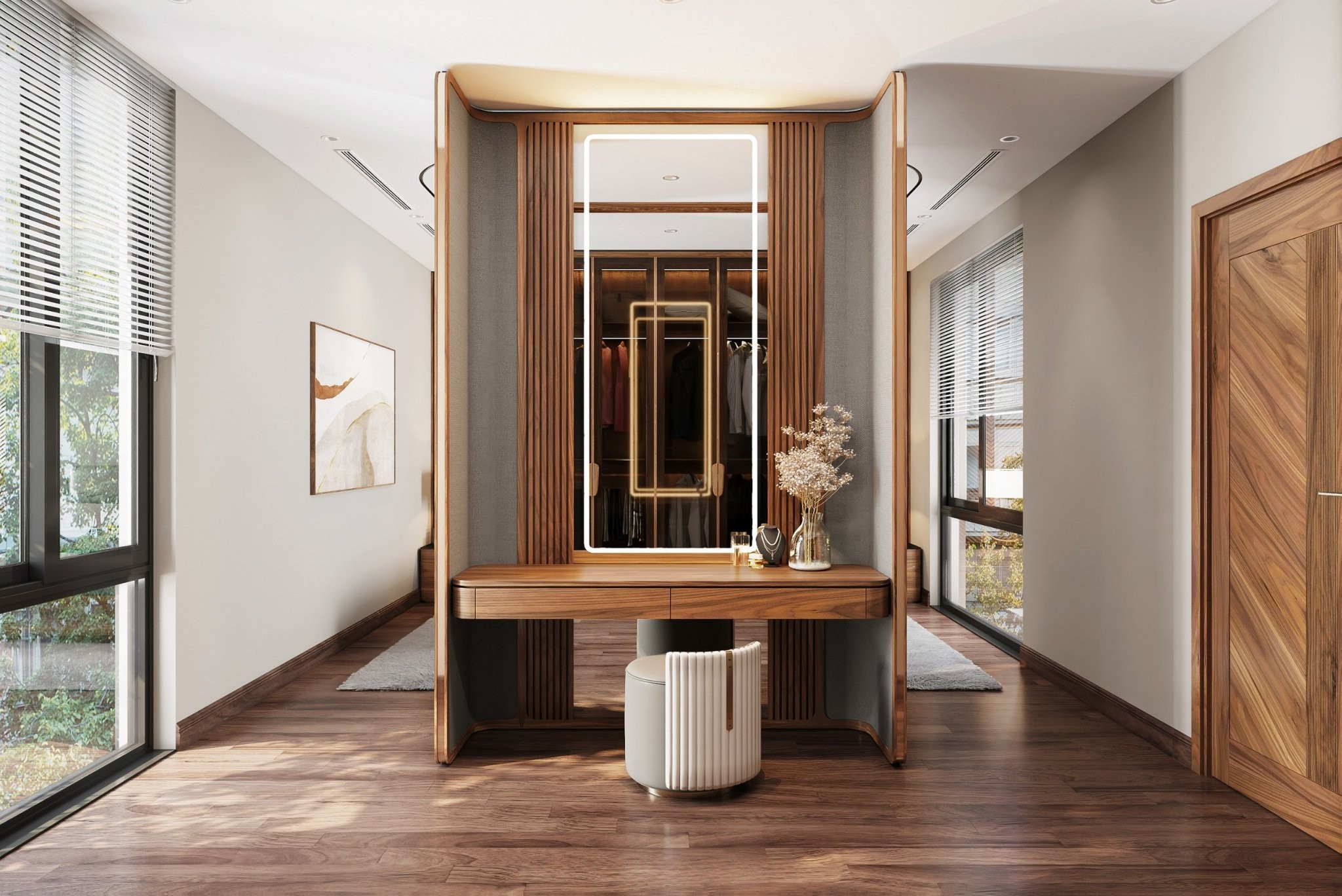 Bàn trang điểm gỗ cao cấp treo tường với gương led và ghế đôn da sang trọng