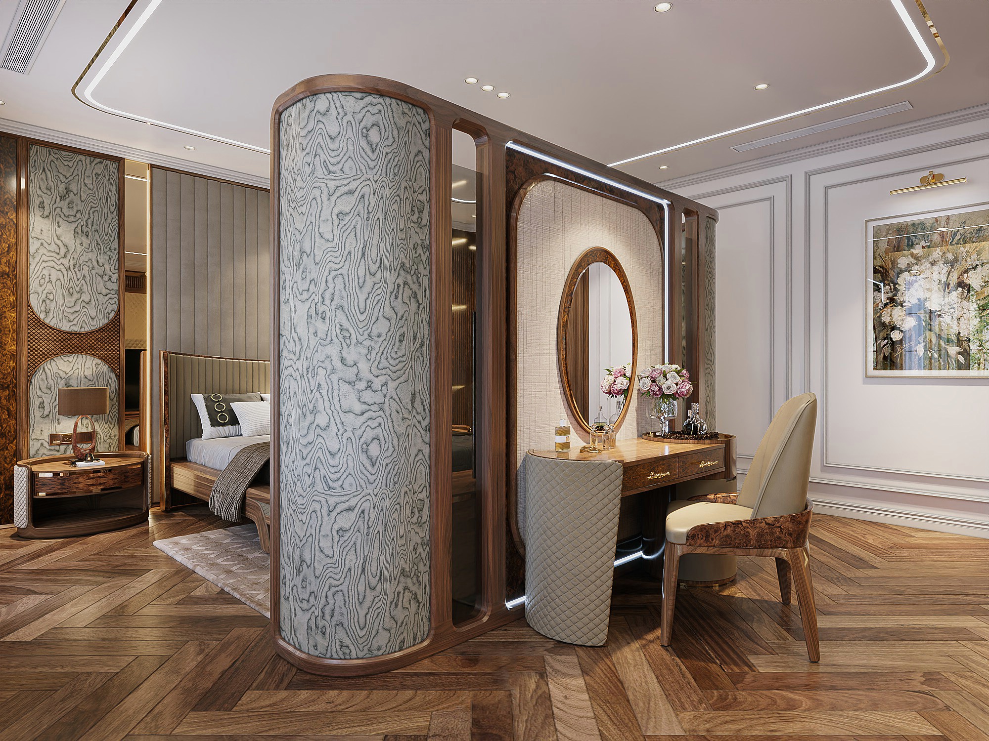 Bàn trang điểm gỗ hiện đại với chân vòm cung ốp da và gương oval viền gỗ