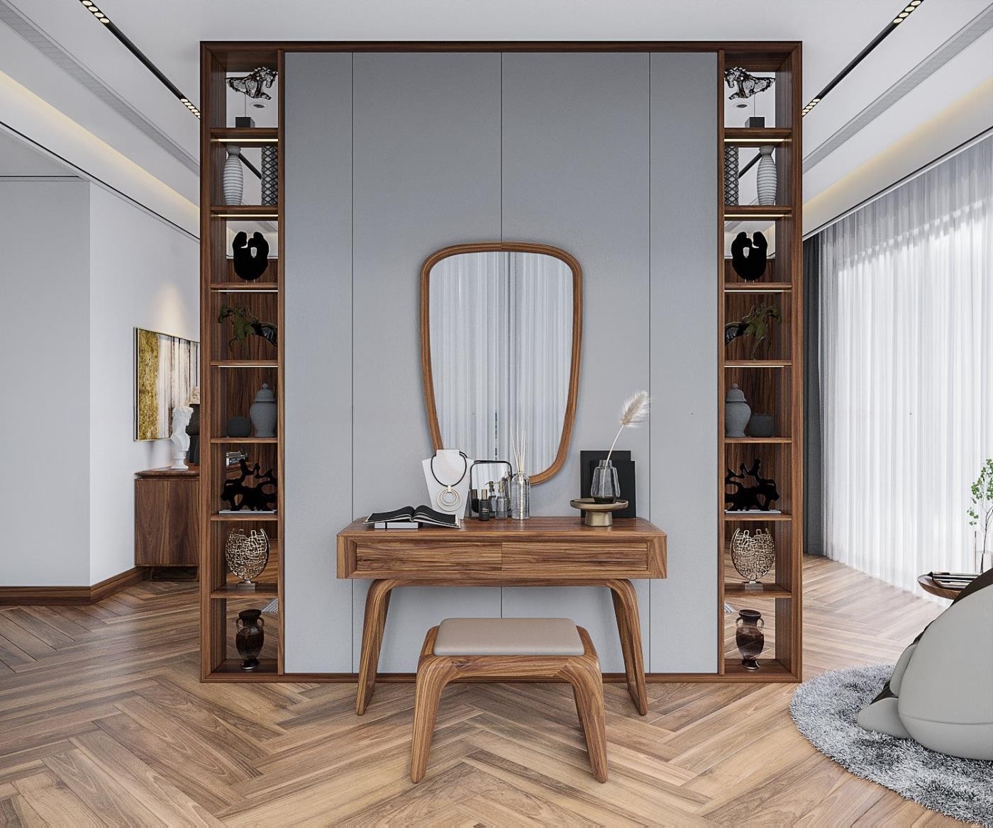 Bàn trang điểm gỗ tự nhiên màu nâu vàng với thiết kế hiện đại tinh tế