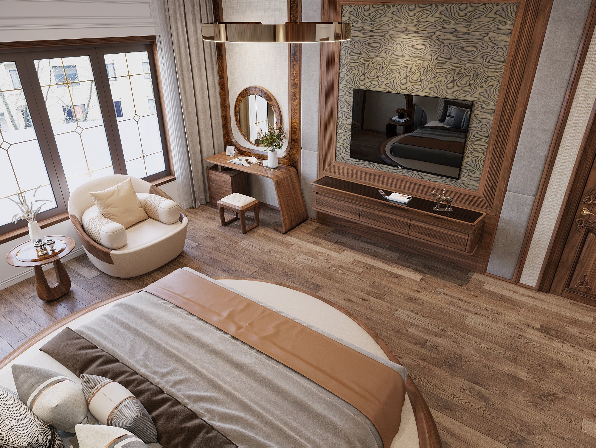 Bàn trang điểm phòng ngủ gỗ óc chó hoặc gỗ sồi tự nhiên hiện đại