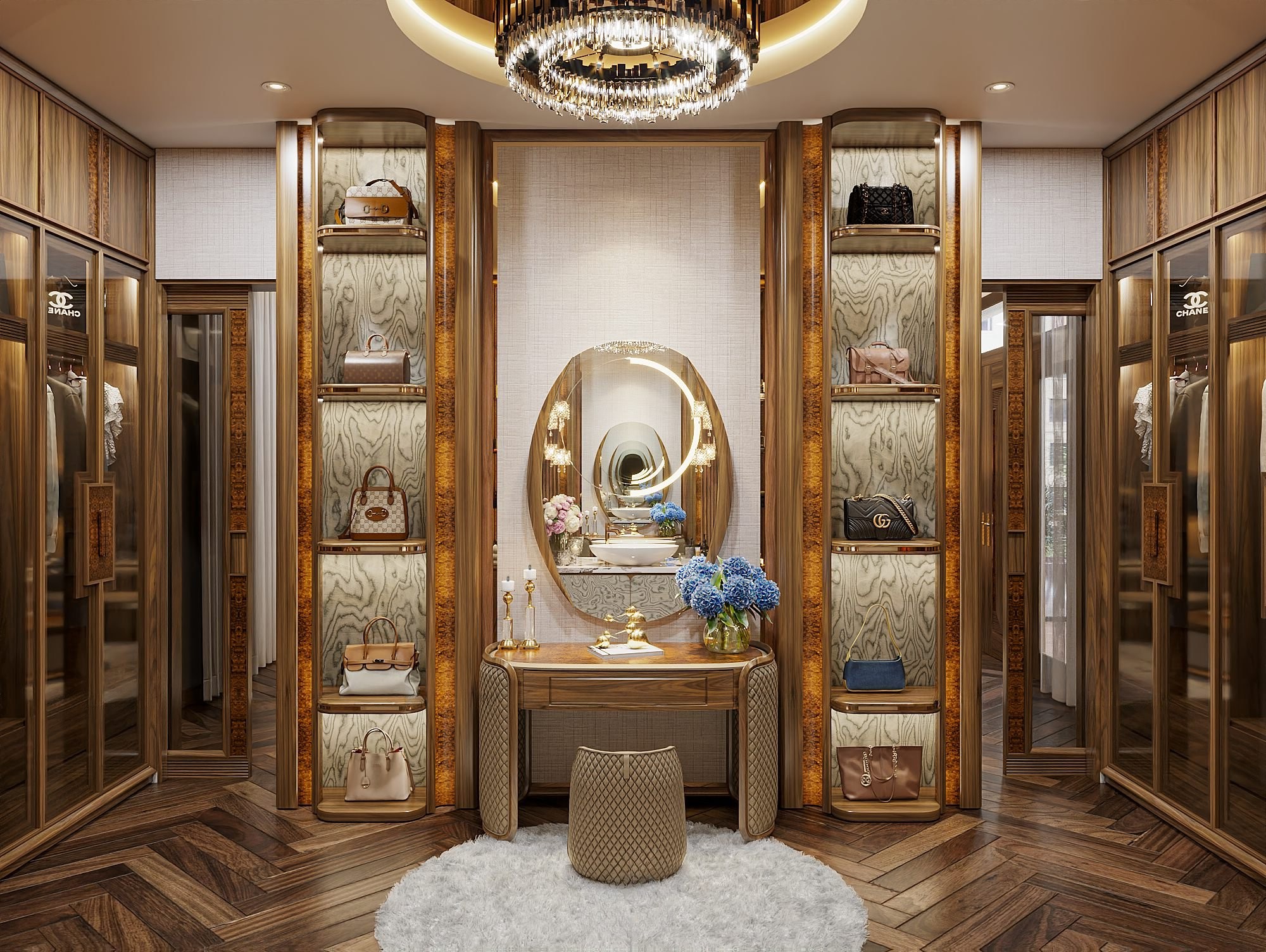 Bàn trang điểm luxury oval mặt gỗ nu, chân bọc da quả trám, ghế trụ bọc da toàn bộ