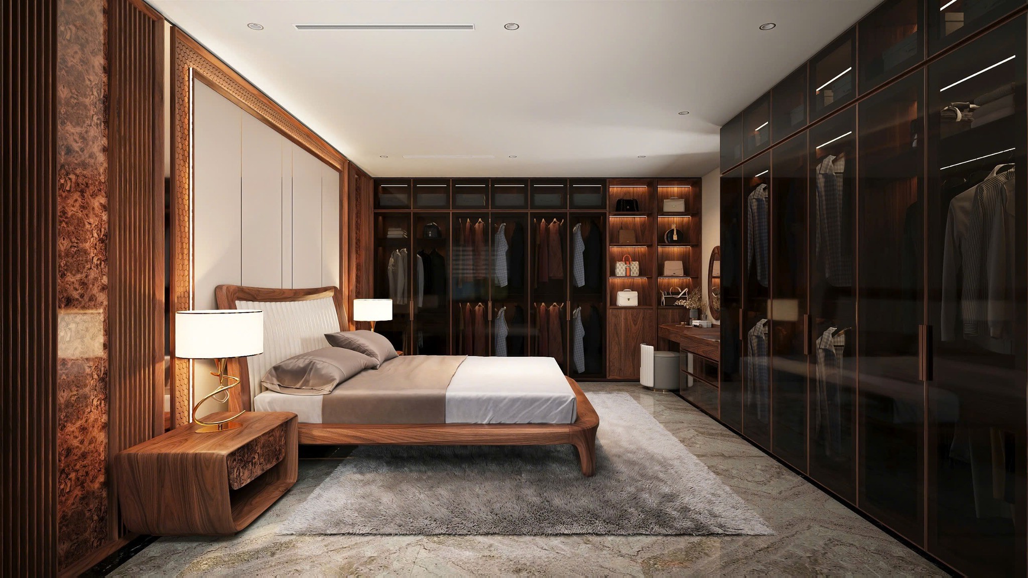 Nội thất gỗ óc chó cao cấp phòng ngủ 25m2