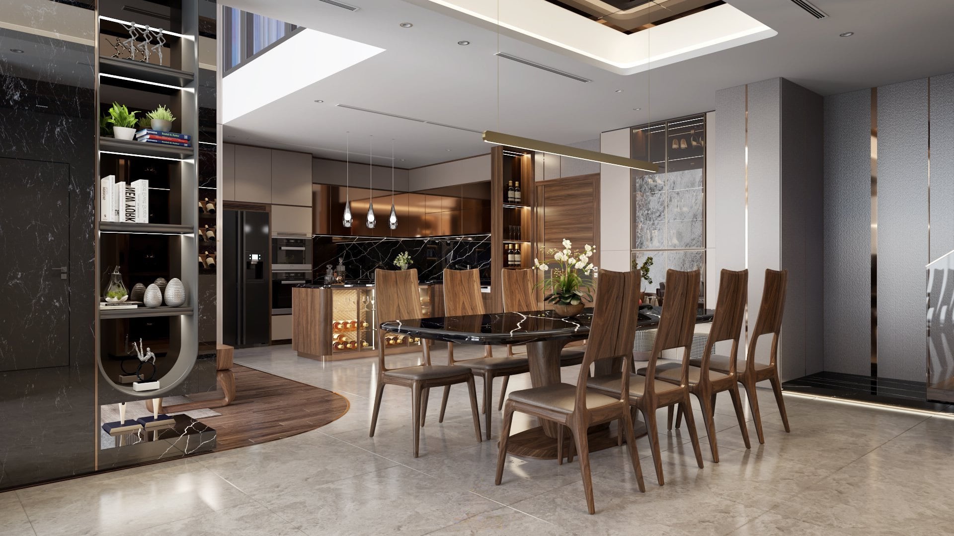 Bộ bàn ăn 8 ghế gỗ óc chó tự nhiên mặt bàn đá đen vân trắng sang trọng