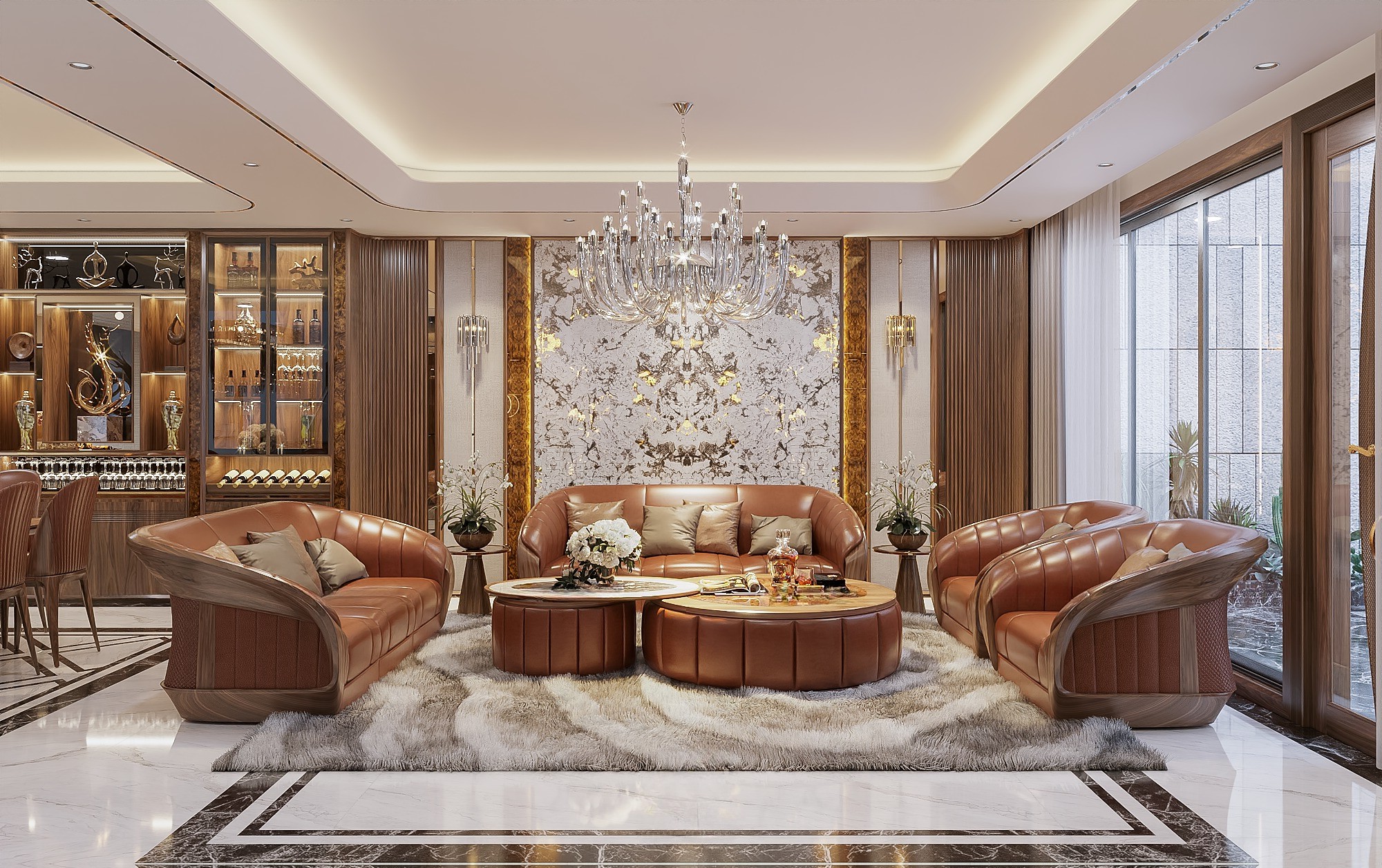 Bộ bàn ghế phòng khách gỗ óc chó, tựa cong bọc da nâu đỏ, bàn trà tròn đôi