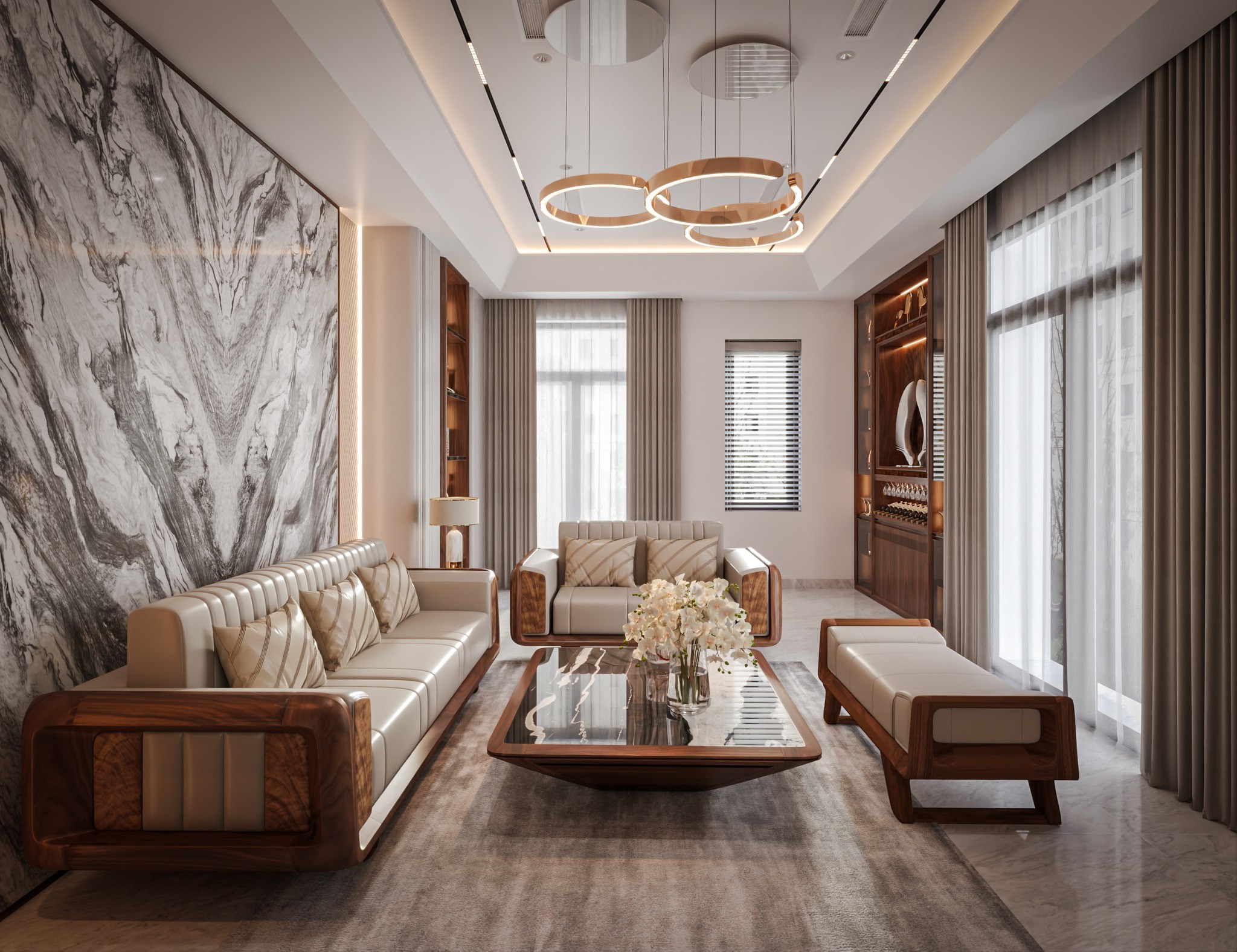 Bộ bàn ghế phòng khách gỗ nhỏ gọn bọc da màu be với bàn trà mặt đá đen vân trắng