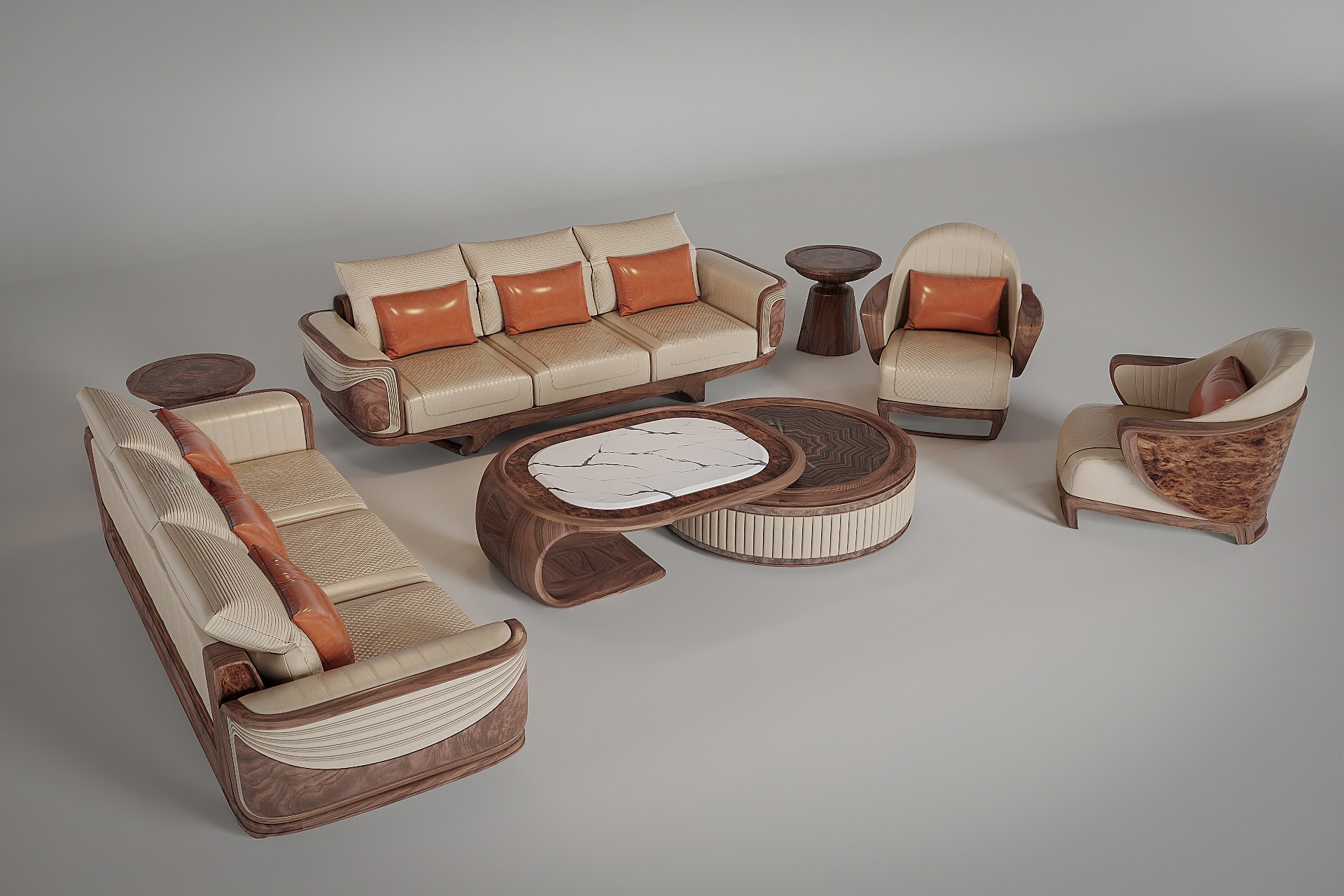 Bộ bàn ghế phòng khách hiện đại bằng gỗ óc chó và veneer nu với bàn trà 2 cấp độc đáo