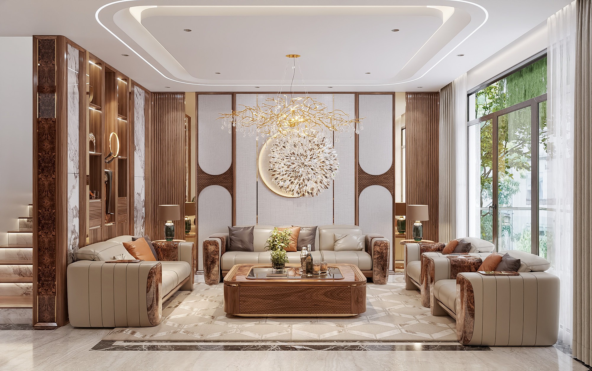 Bộ bàn ghế sofa gỗ tự nhiên gồm ghế văng và bàn trà mặt kính hiện đại