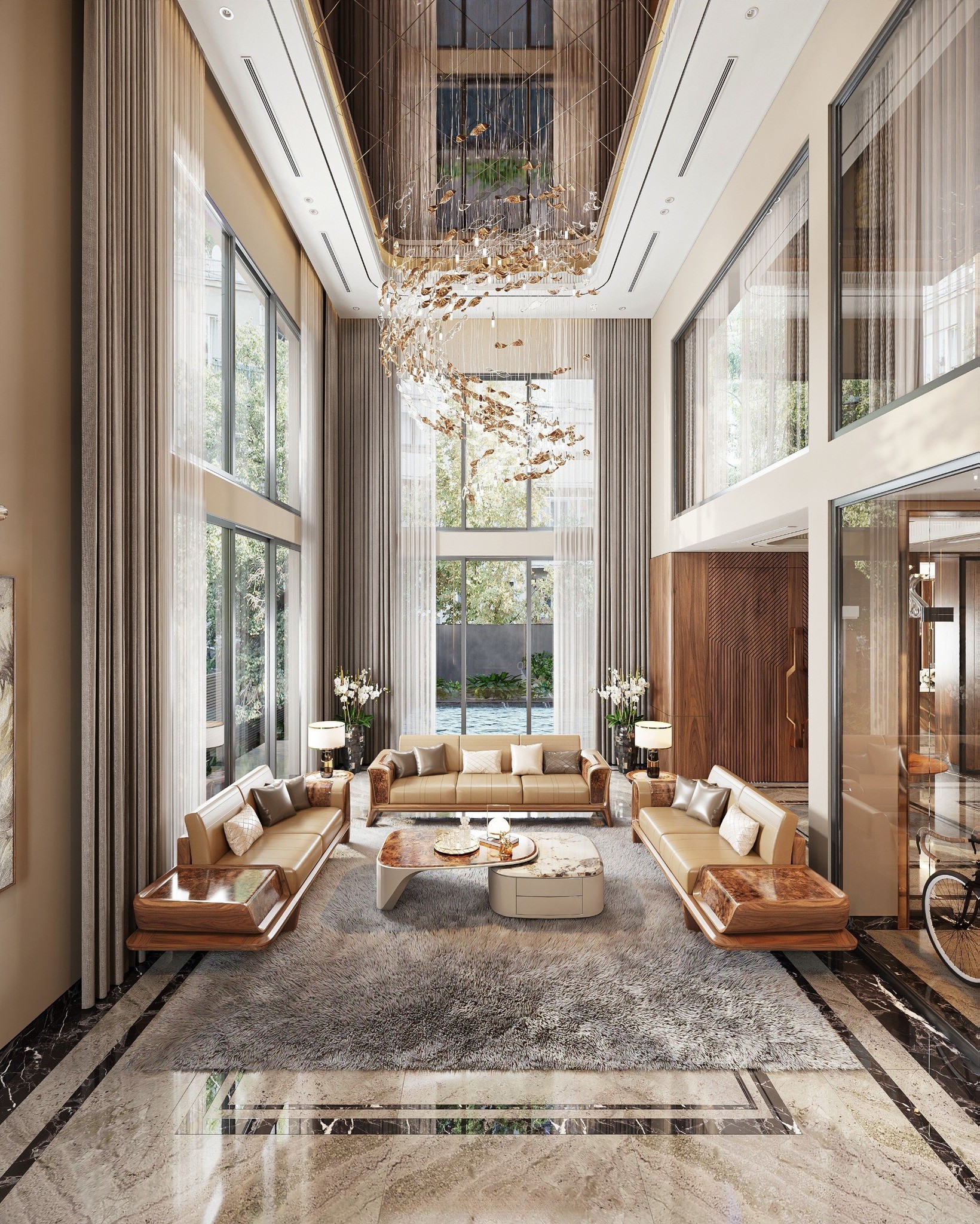 Bộ ghế sofa gỗ tự nhiên màu nâu trầm với đệm da be đậm và bàn trà đồng bộ