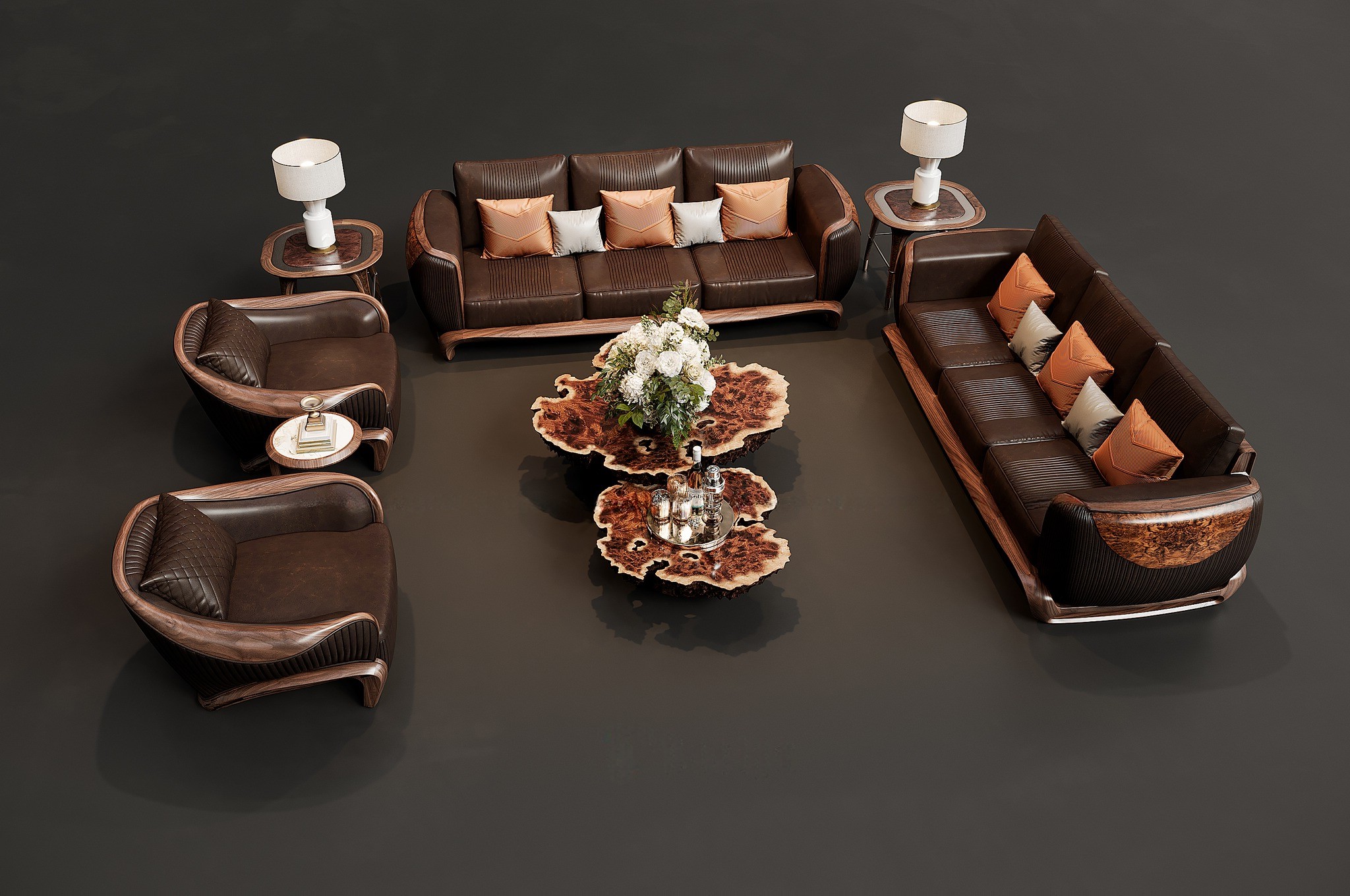 Bộ sofa gỗ óc chó cao cấp phối da bò Ý màu đen