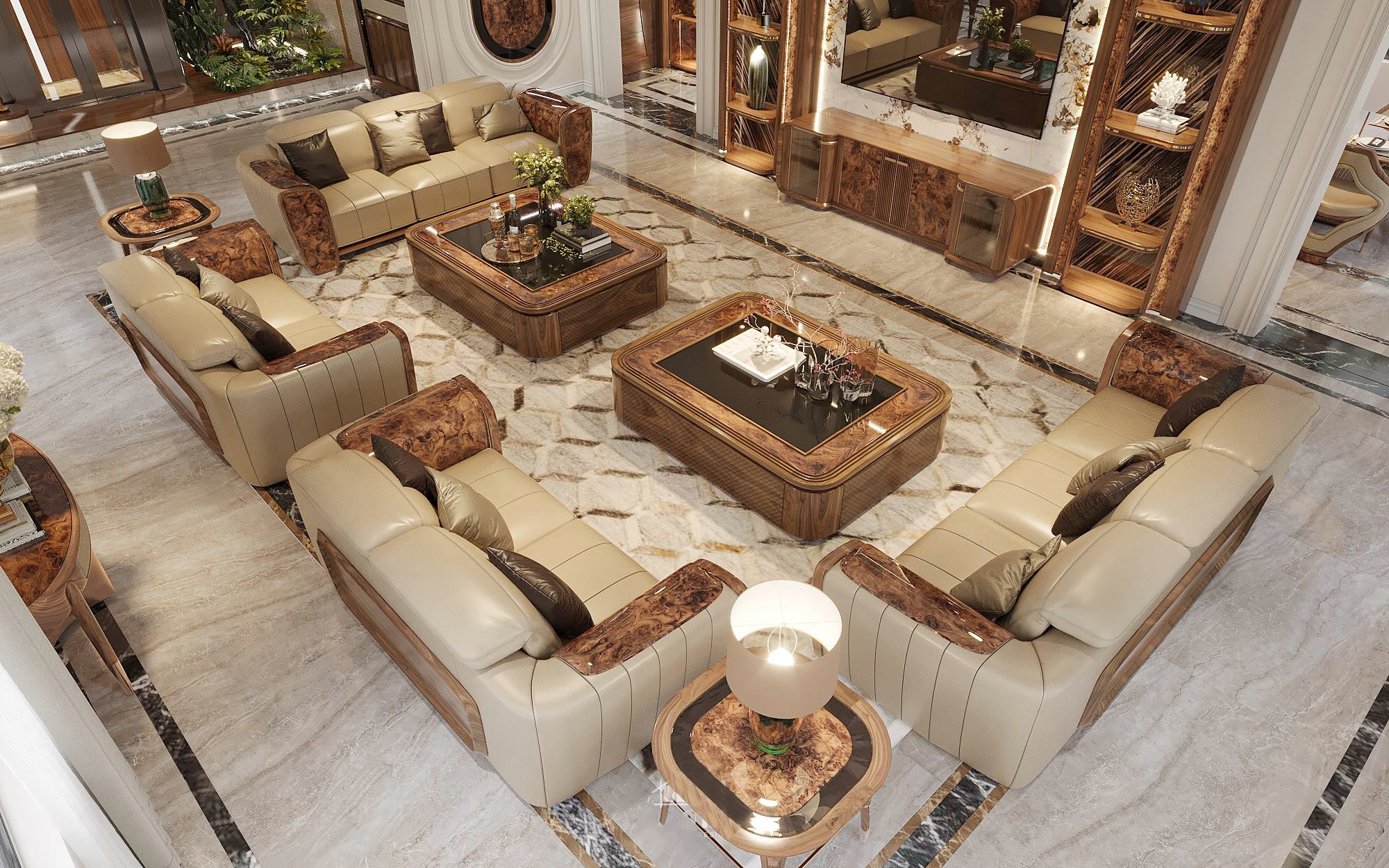 Bộ sofa gỗ óc chó phòng khách, nệm da be ánh vàng, bàn trà chữ nhật đôi CNC mắt cáo