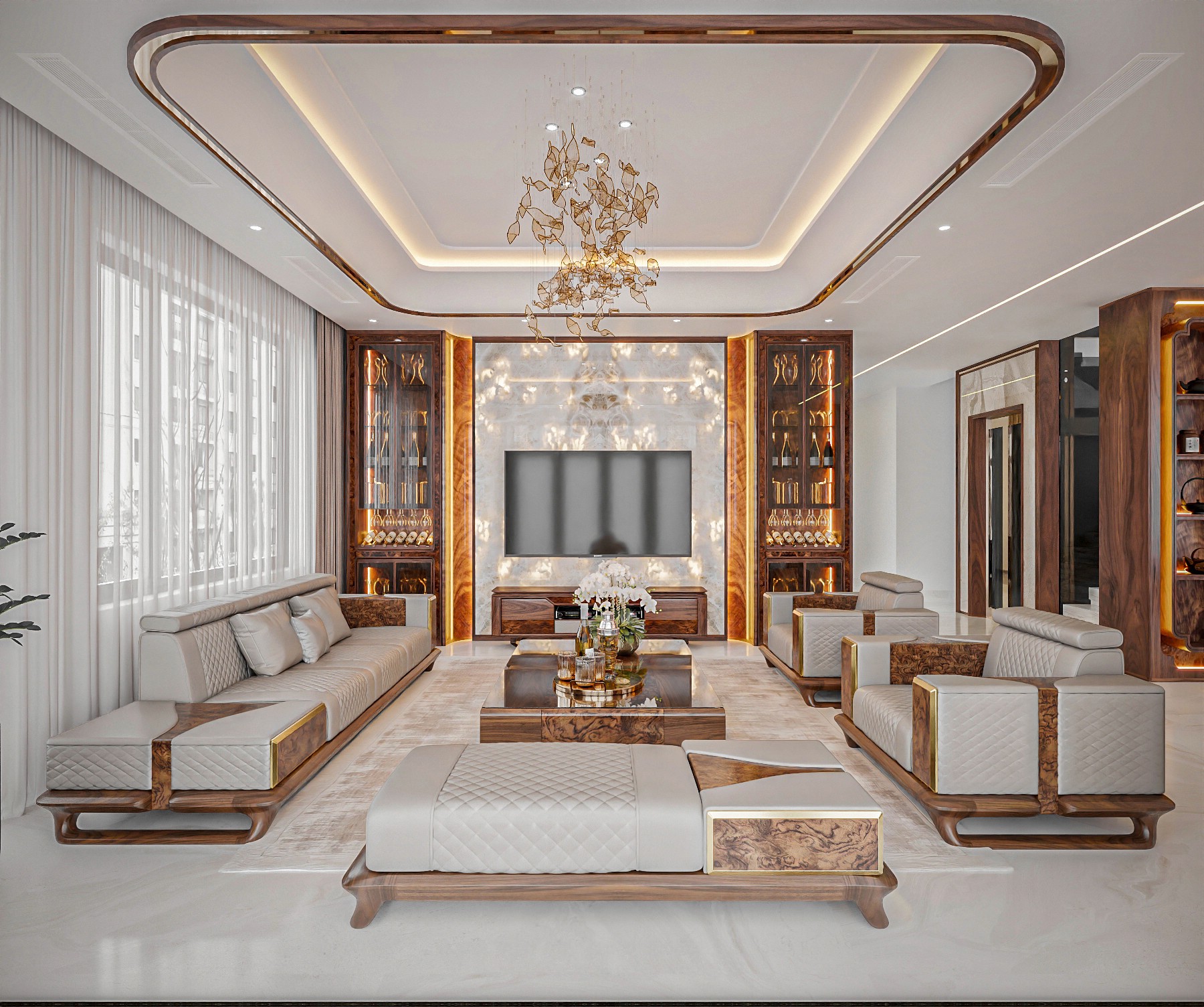 Bộ sofa gỗ óc chó tự nhiên hiện đại với đệm da ghi sáng và bàn trà kính