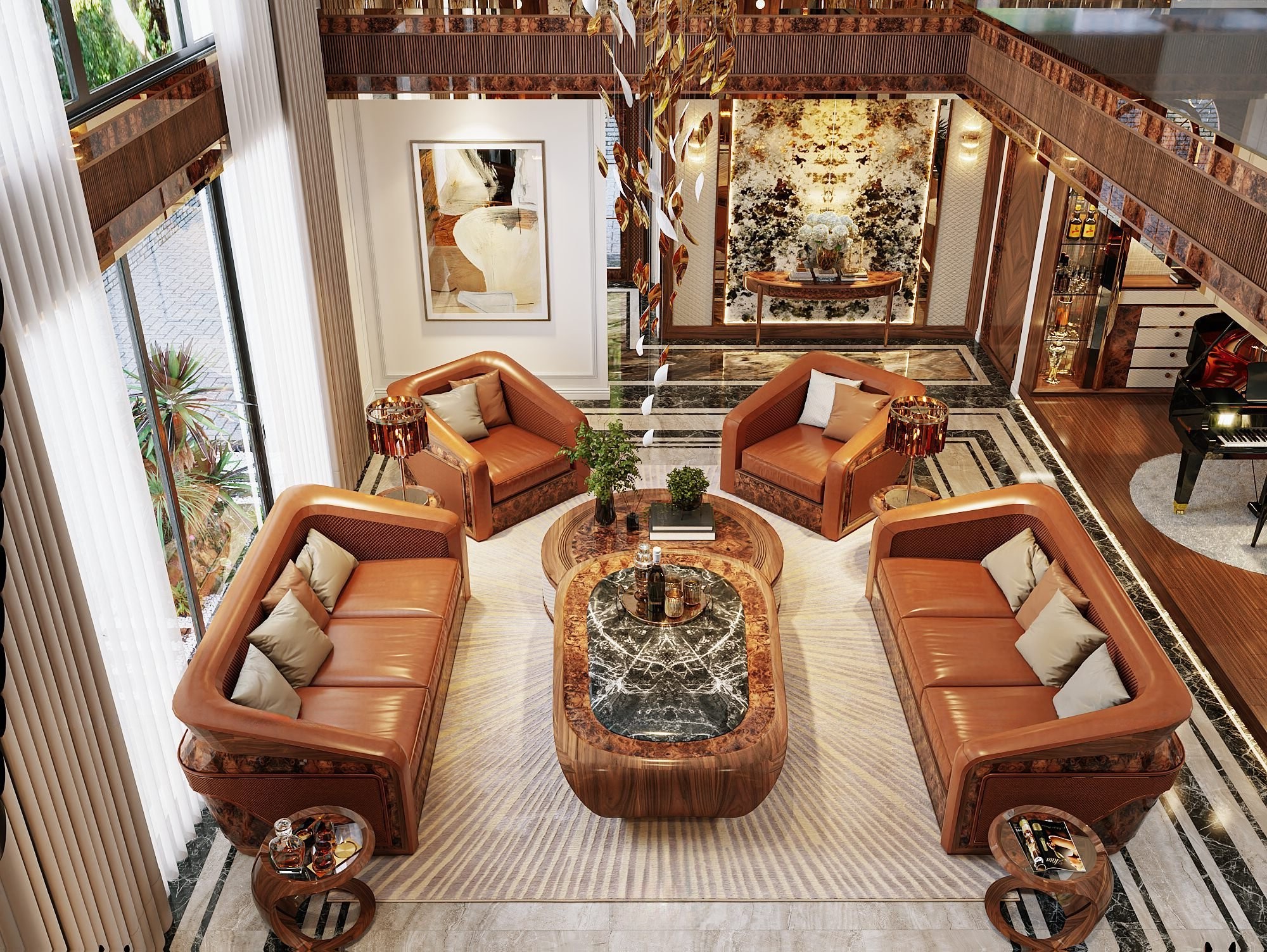 Ghế sofa gỗ óc chó cao cấp với bàn trà mặt đá và gỗ veneer nu