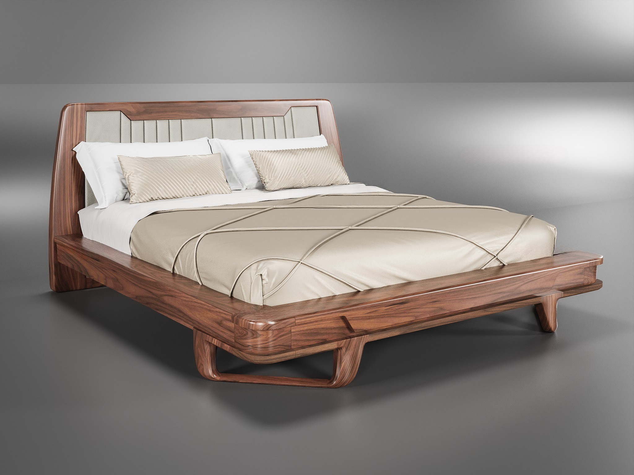 Giường gỗ cao cấp khung hộp chân chữ U đặt chéo góc, đầu giường bọc da màu xám be kẻ sọc dọc