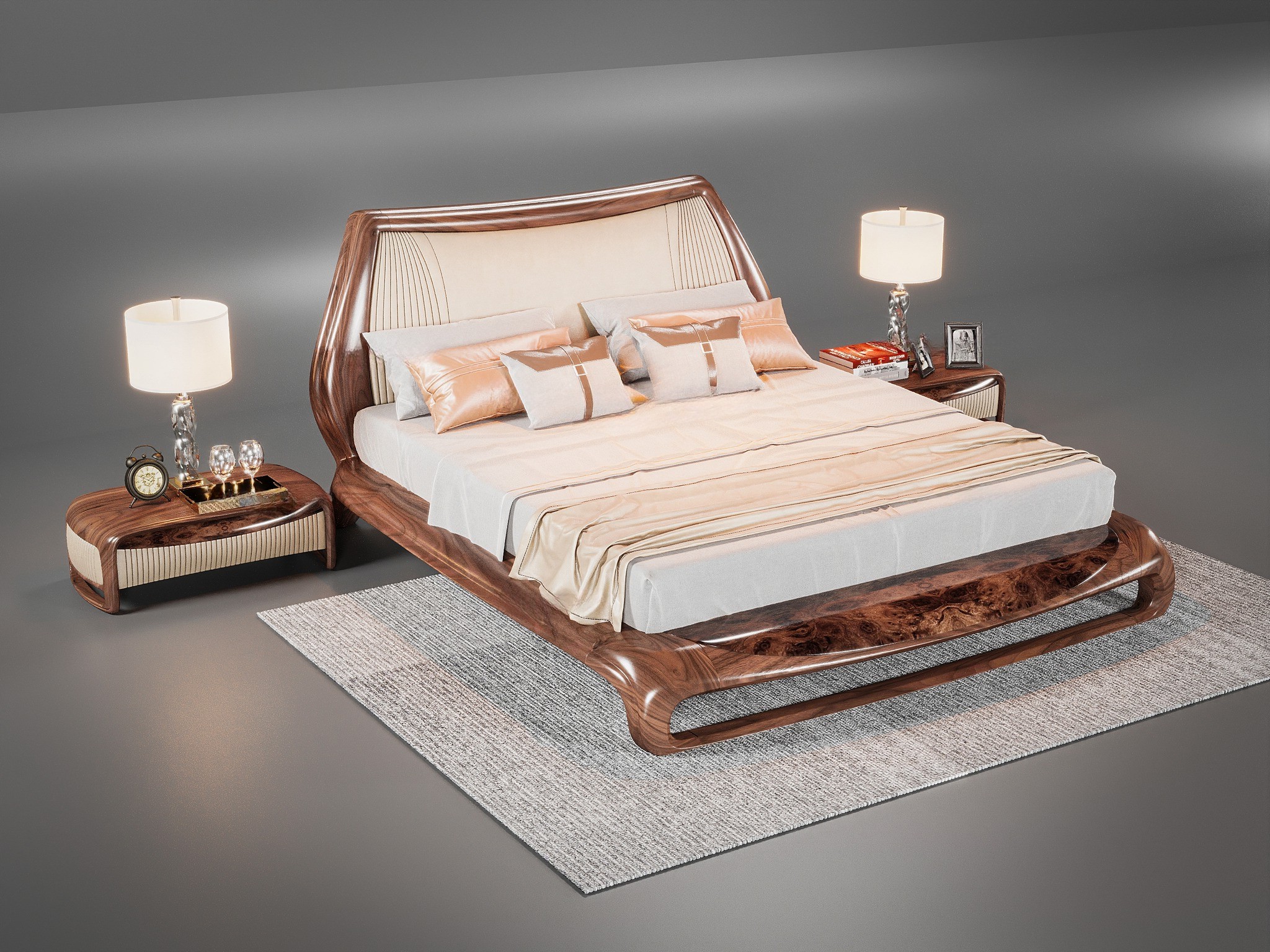 Giường gỗ óc chó đầu giường cong 3D, ốp da kem và khung ốp gỗ nu