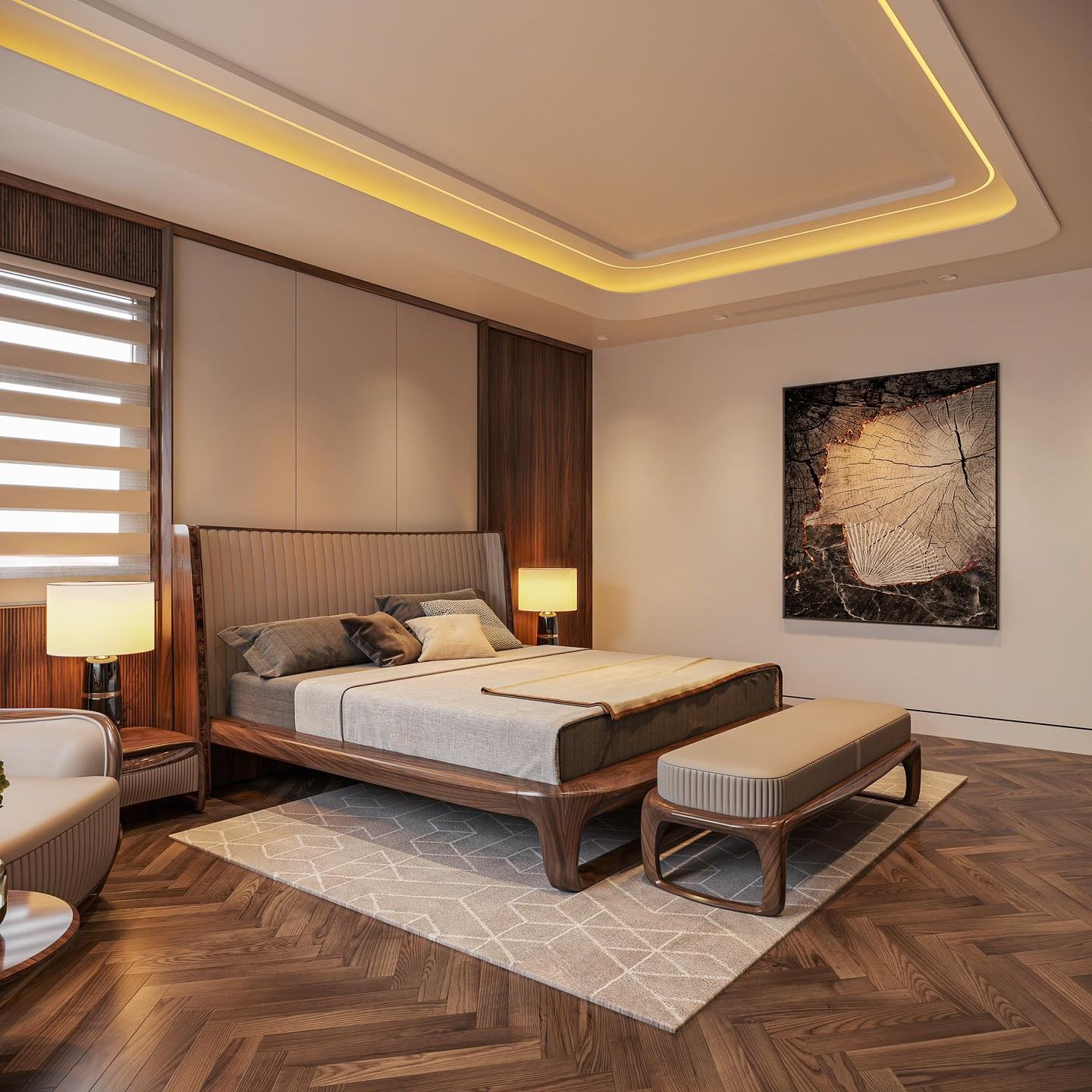 Giường ngủ cao cấp gỗ óc chó tự nhiên màu nâu đậm với tựa da chần bông sang trọng