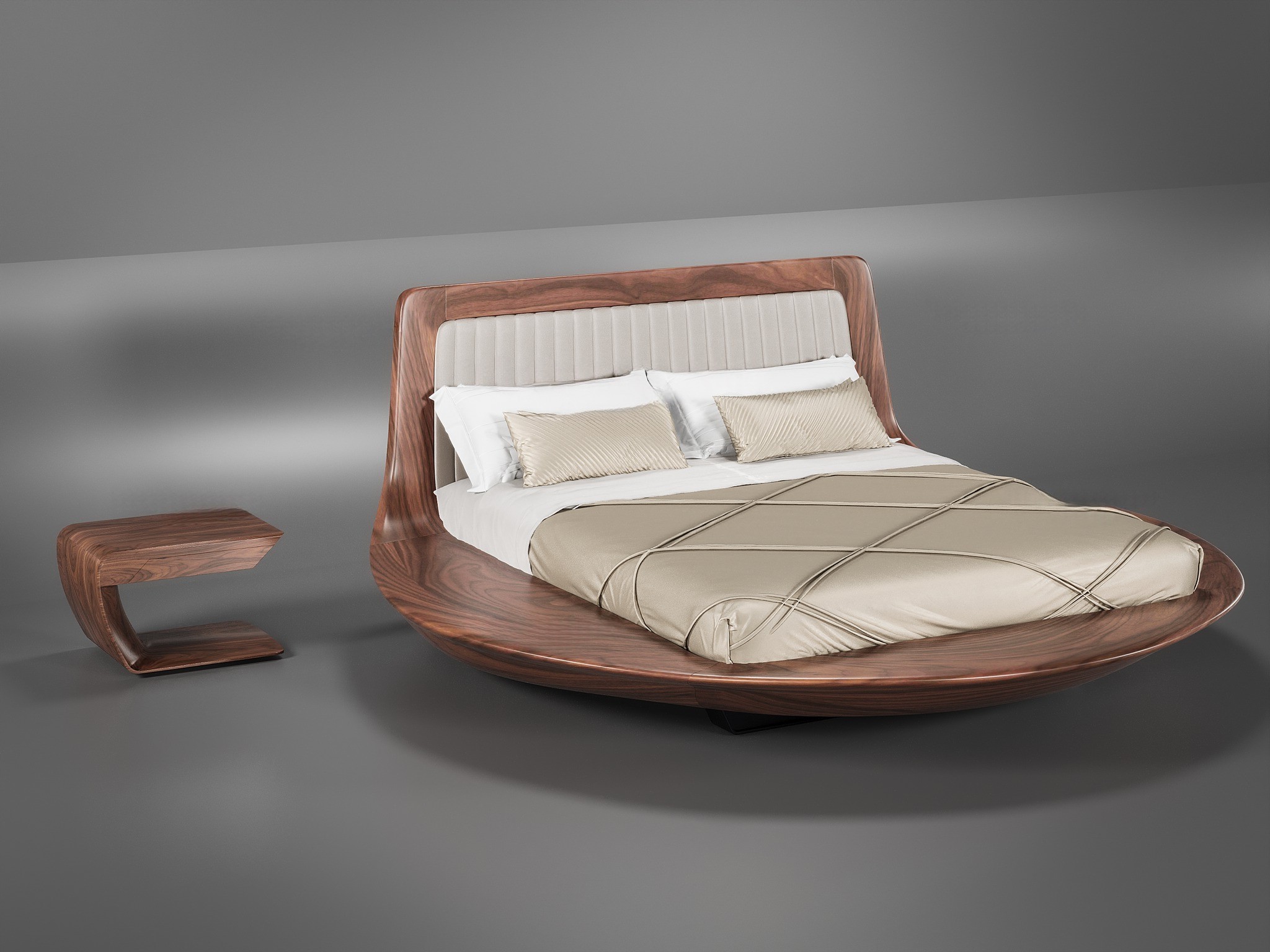 Giường ngủ đẹp hiện đại hình tròn bằng gỗ tự nhiên với tựa da trắng ghi