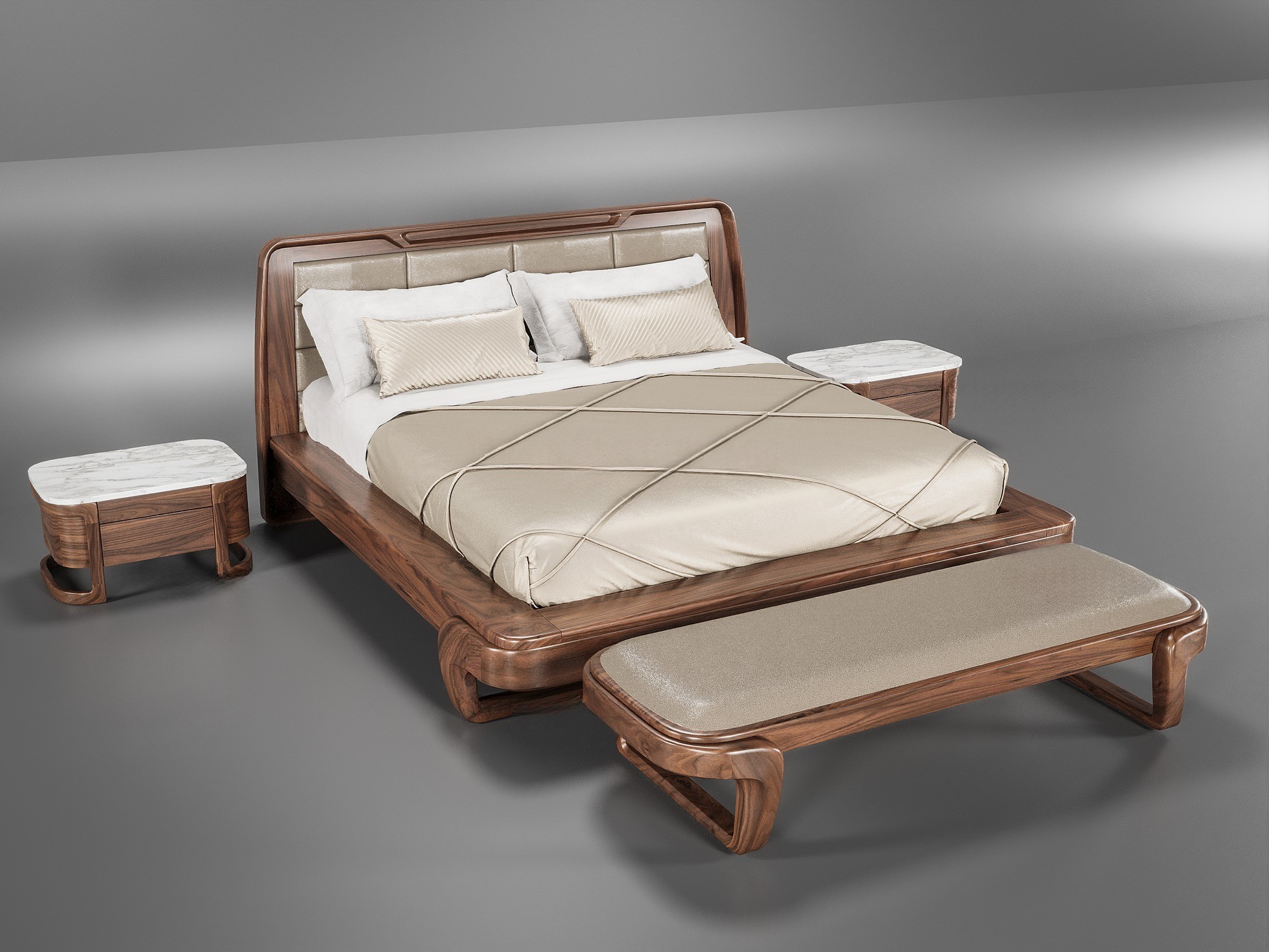 Giường ngủ gỗ tự nhiên hiện đại dáng hộp chữ nhật bo cong với tựa đầu da vàng kim