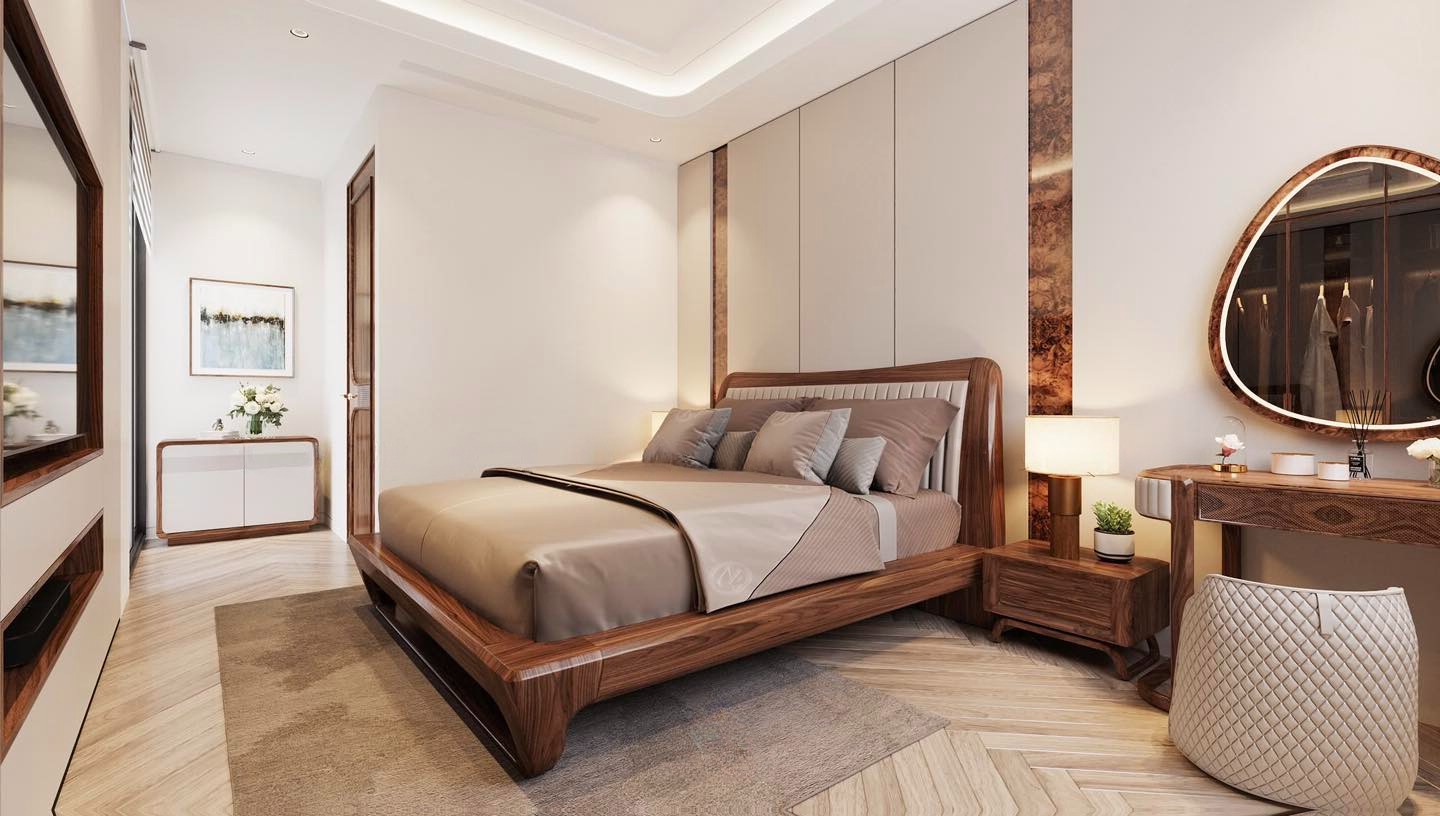 Giường ngủ gỗ tự nhiên khung chữ nhật với chân chữ U dáng thấp và tựa đầu bọc da trắng ghi