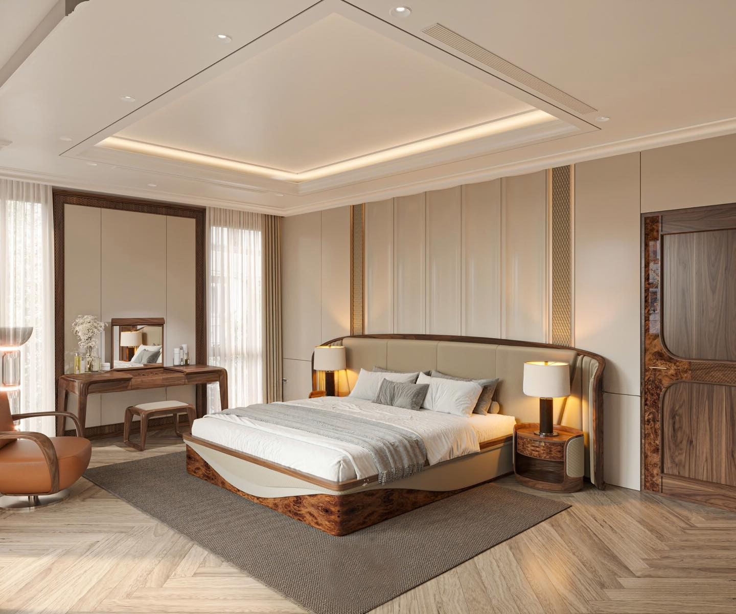 Giường ngủ hiện đại cao cấp bằng gỗ veneer nu với tựa đầu bọc da cong vòm