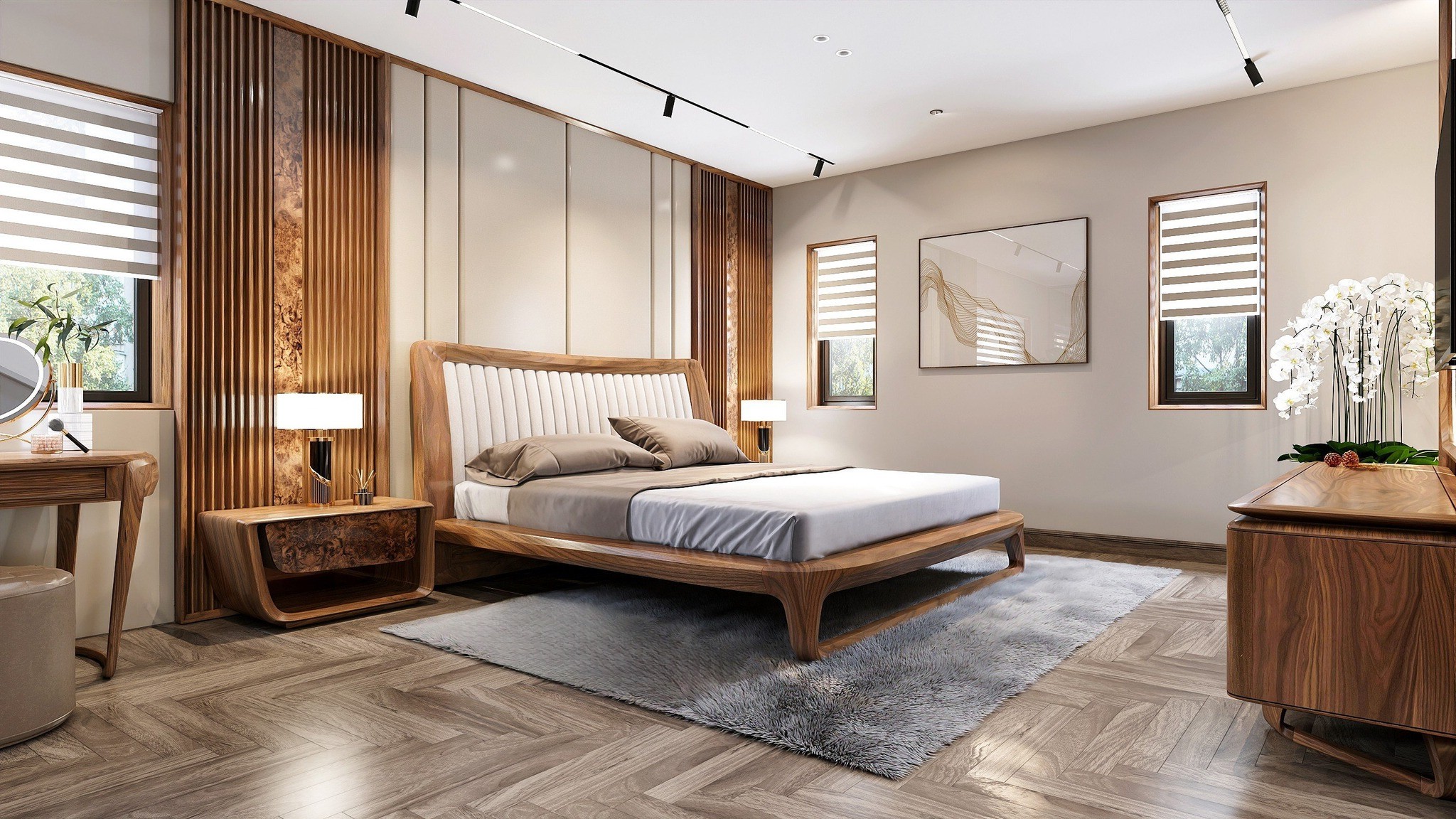 Giường ngủ hiện đại đơn giản bằng gỗ tự nhiên màu nâu đậm với đầu giường bọc vải trắng