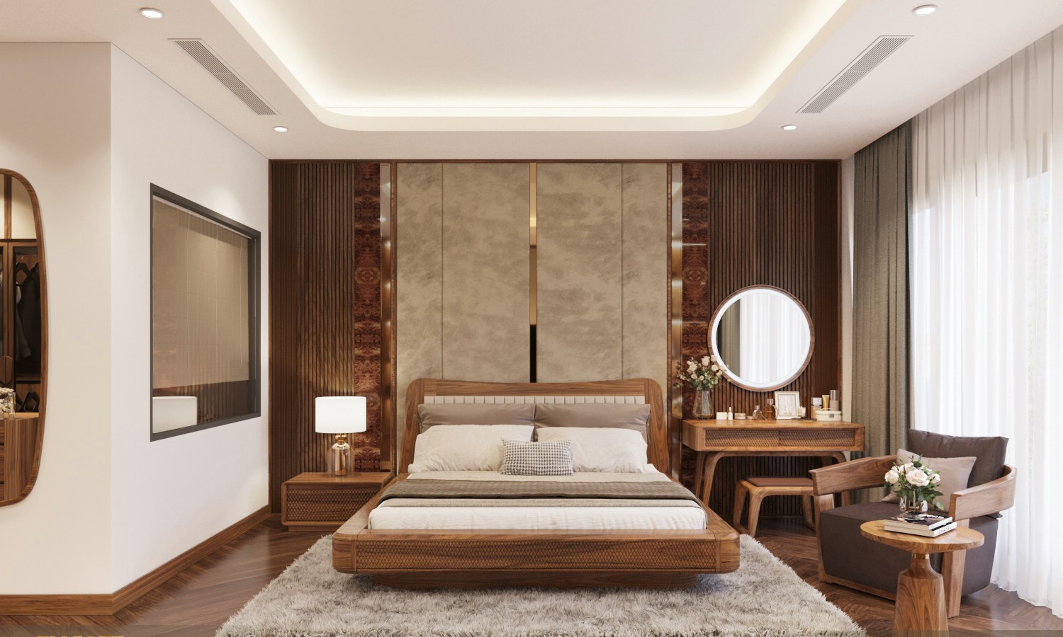 Giường ngủ sang trọng gỗ óc chó với khung CNC mắt cáo và tựa đầu bọc da trắng