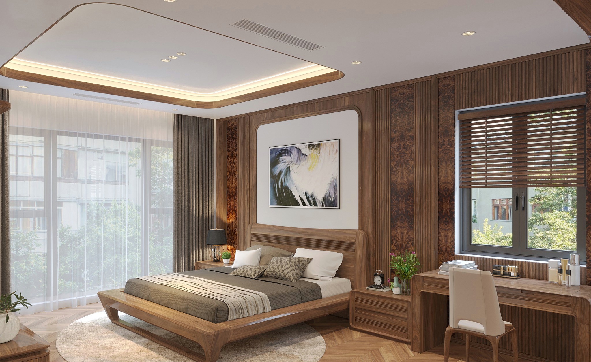 Giường ngủ gỗ óc chó phong cách Modern Luxury chân quỳ, đầu giường cong vát