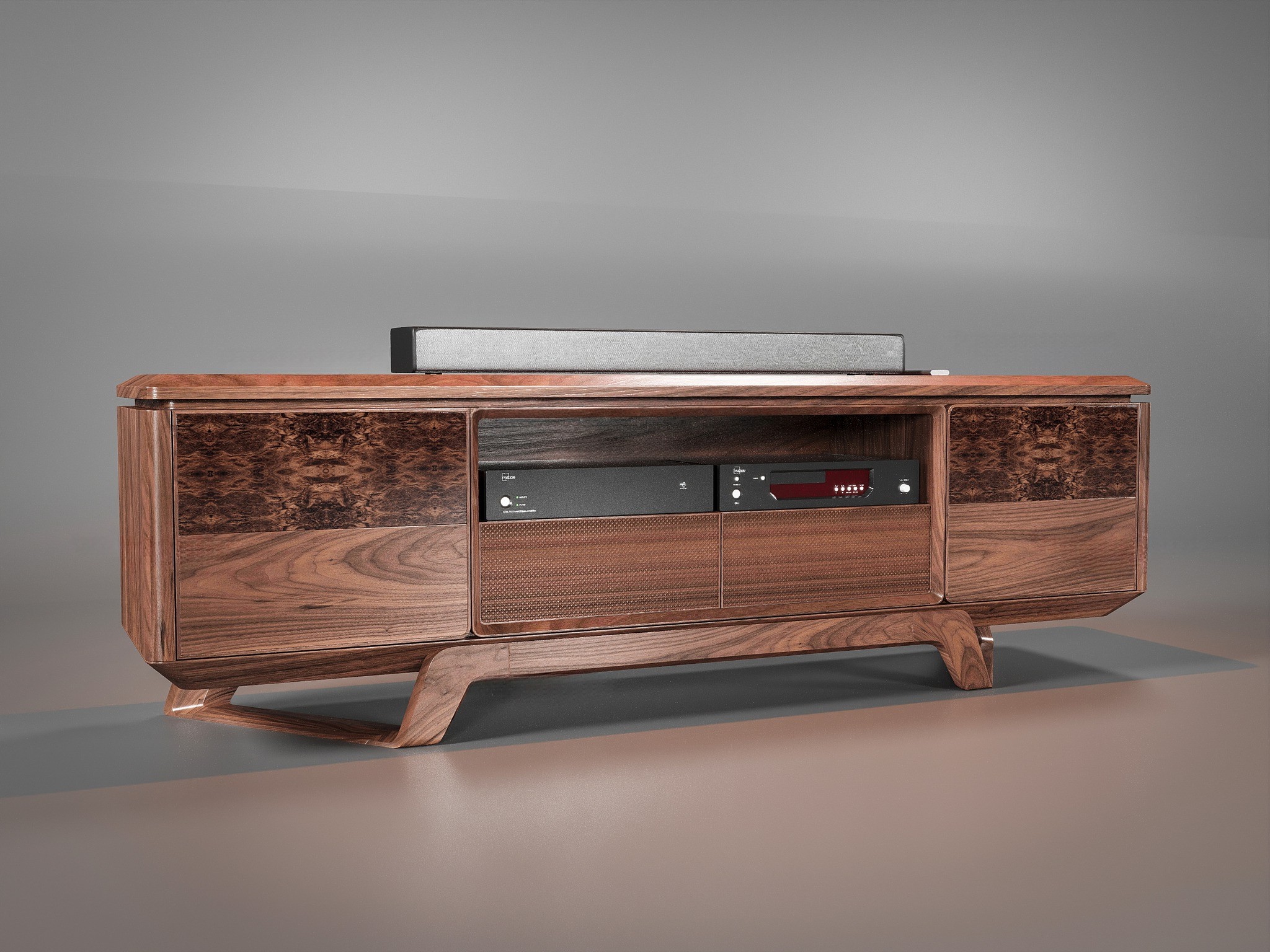 Kệ tivi cao cấp gỗ tự nhiên màu nâu nhạt với veneer nu và CNC sang trọng