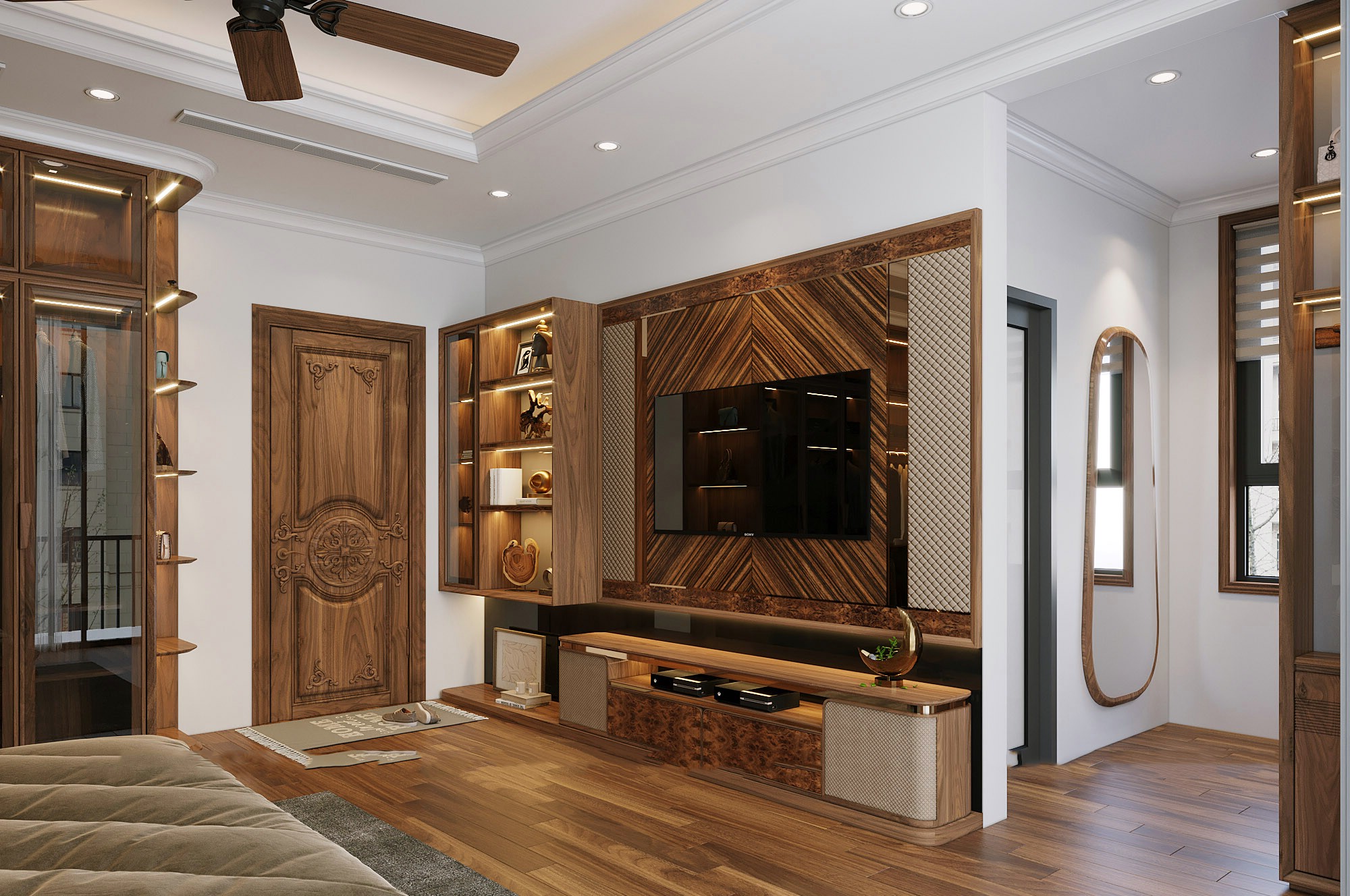 Kệ tivi đẹp hiện đại gỗ óc chó màu nâu nhạt với họa tiết CNC và viền vàng đồng