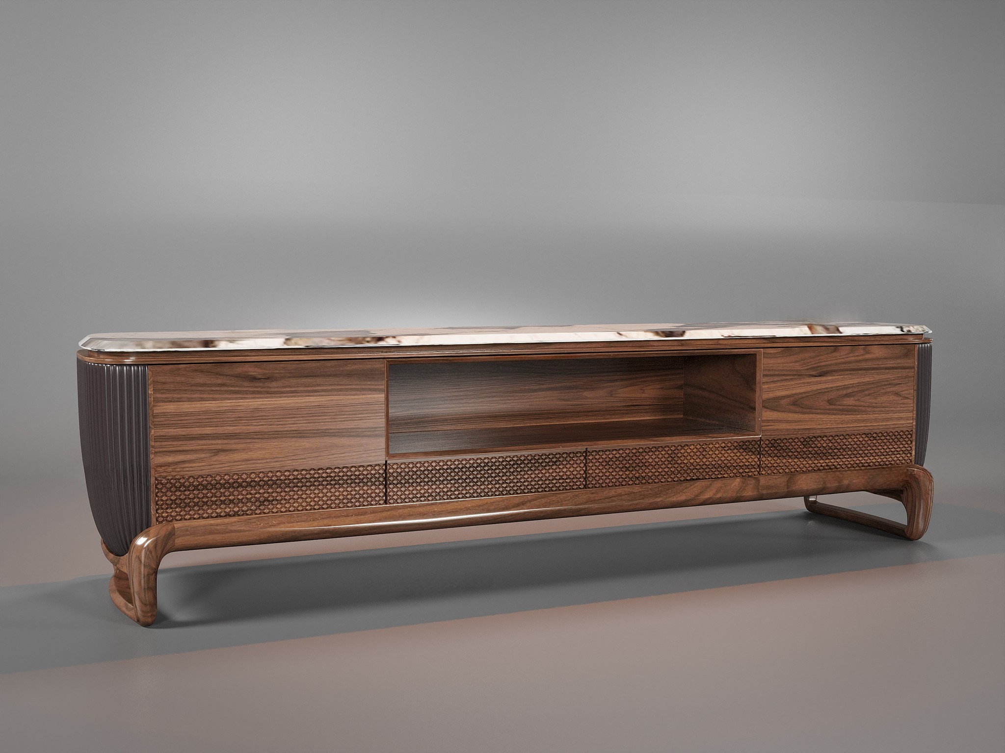 Kệ tivi đơn giản mà đẹp bằng gỗ óc chó với mặt đá marble trắng và cánh CNC mắt cáo