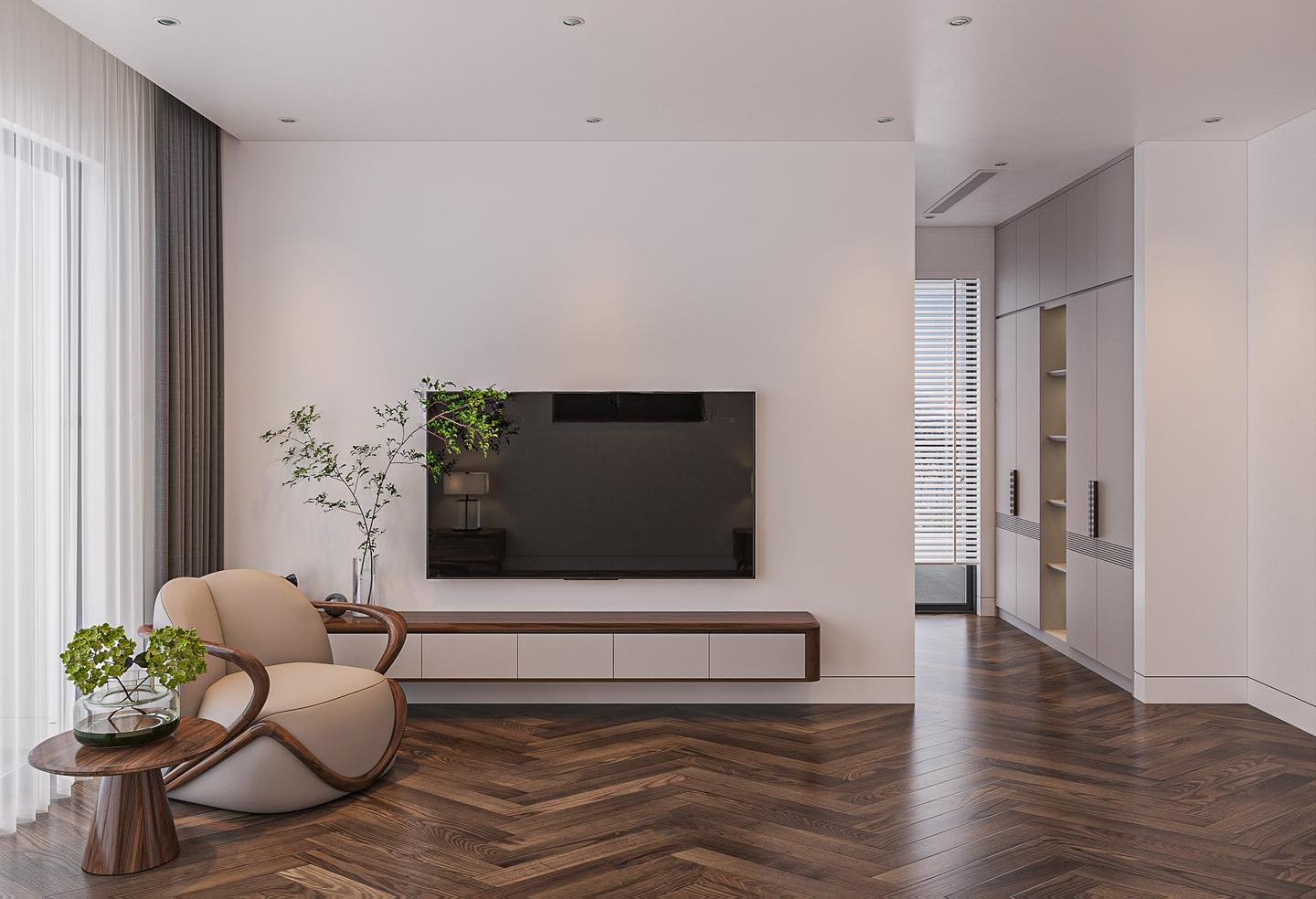 Kệ tivi đơn giản treo tường bằng gỗ MDF lõi xanh chống ẩm với 5 ngăn kéo tiện lợi