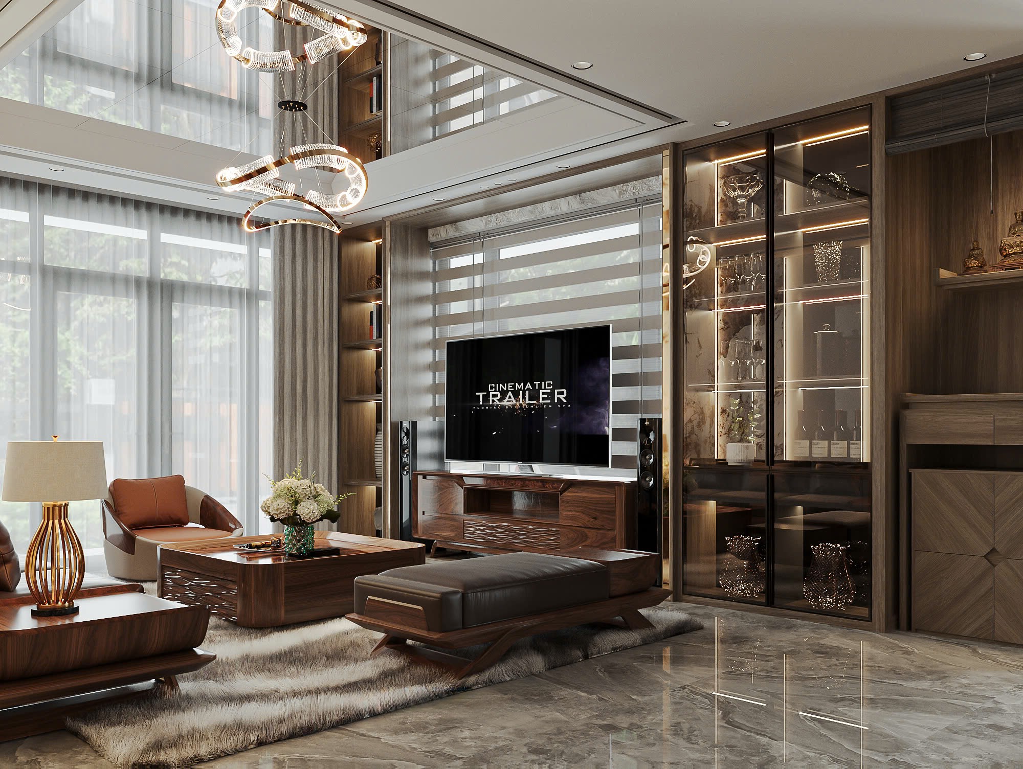 Kệ tivi gỗ tự nhiên hiện đại màu nâu đậm phủ bóng với chi tiết CNC sóng tinh tế