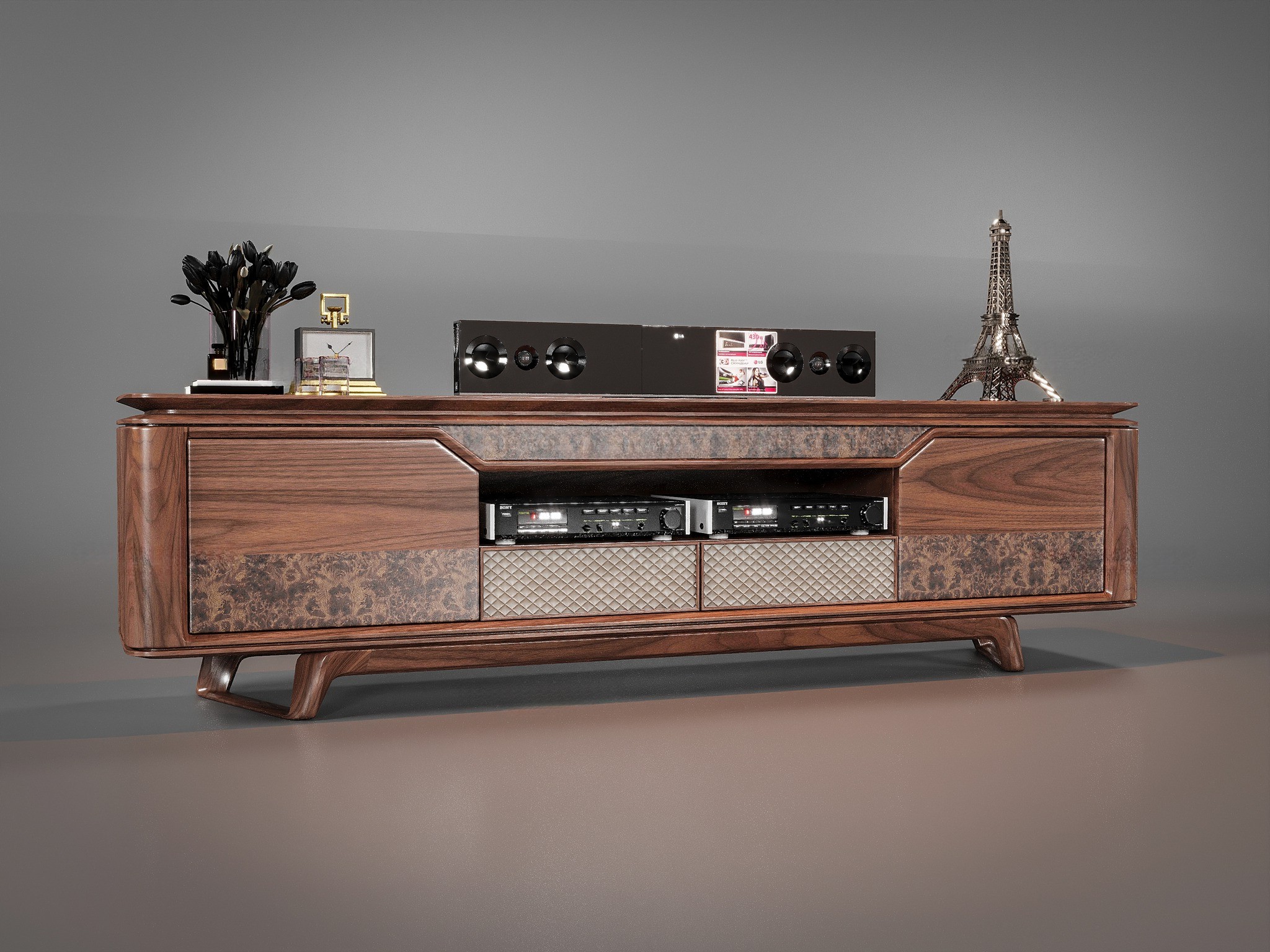 Kệ tivi hiện đại đẹp bằng gỗ óc chó dáng thấp với veneer nu và ngăn kéo CNC