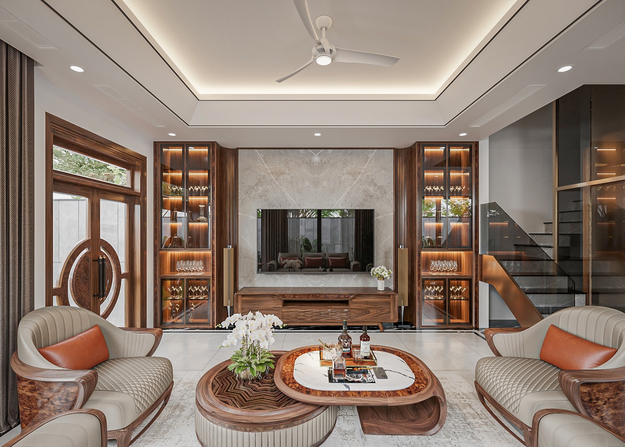 Kệ tivi kết hợp tủ rượu gỗ óc chó hoặc gỗ sồi tự nhiên hiện đại