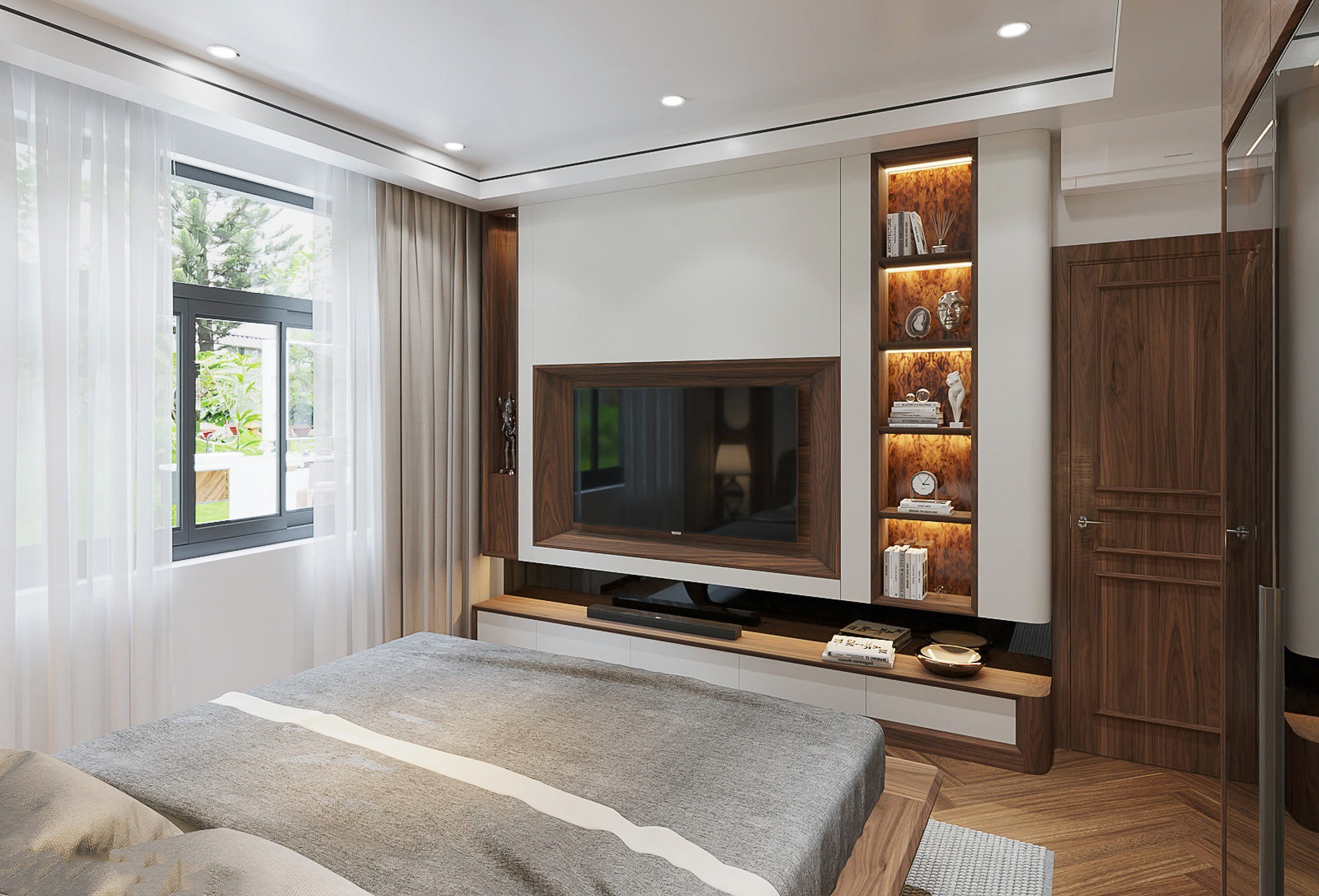 Kệ tivi phòng ngủ đơn giản với vách ốp acrylic trắng, hệ tủ ngăn kéo và tủ trang trí veneer nu