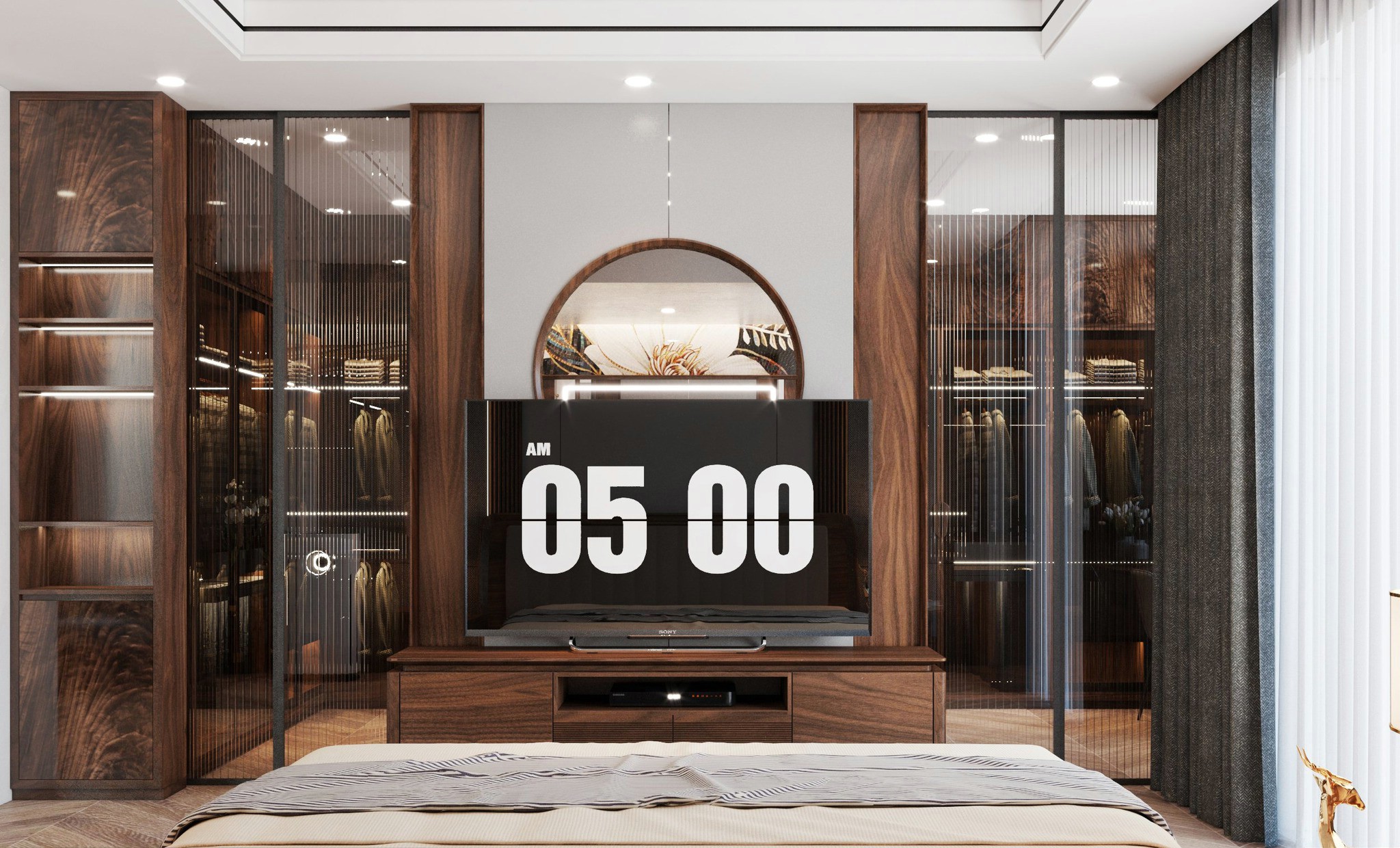 Kệ tivi phòng ngủ hiện đại bằng gỗ MDF phủ vân gỗ nâu gụ